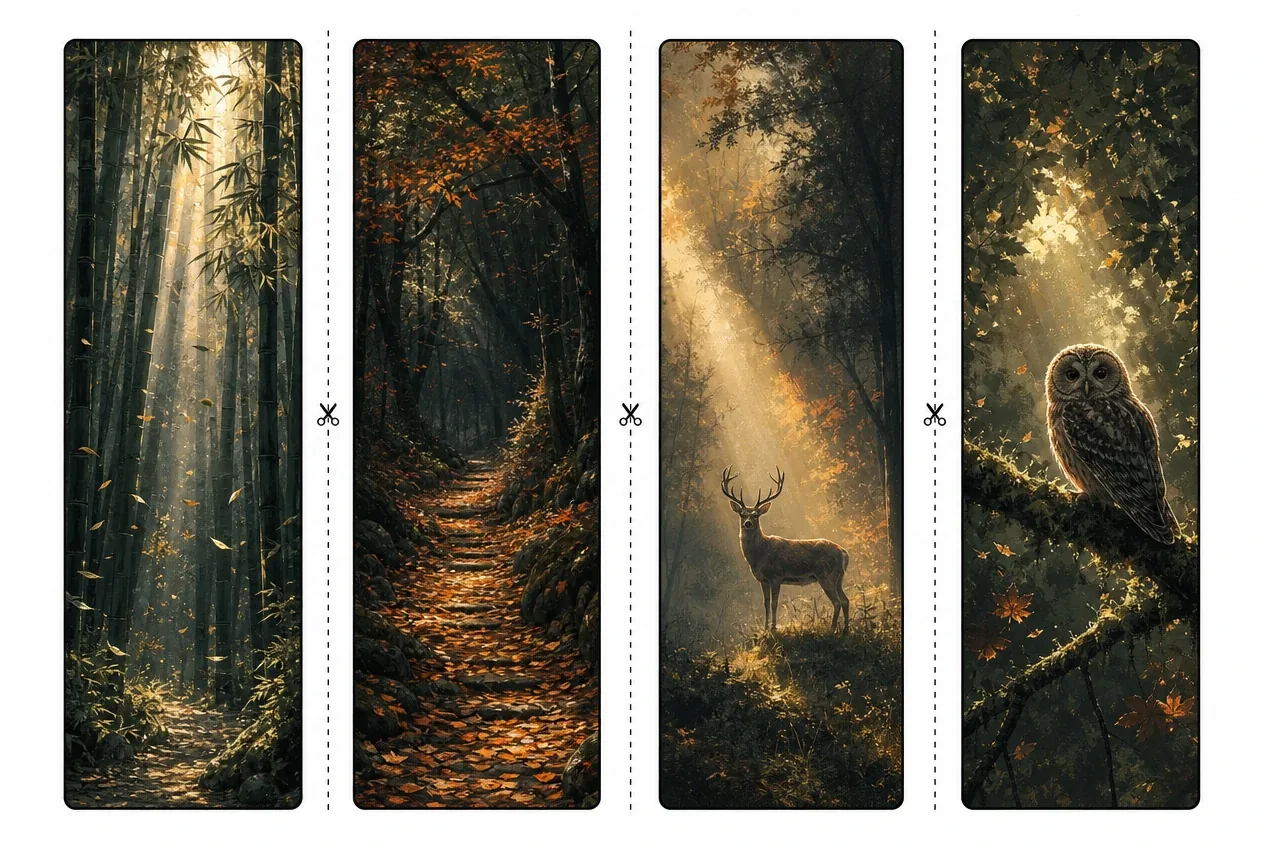 Printable August dream bookmarks featuring sunlit bamboo groves, woodland pathways, and majestic wildlife.