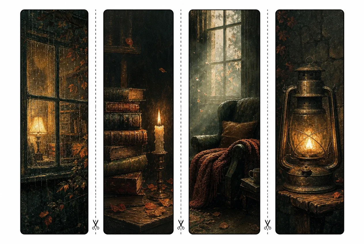 Cozy autumn reading nook bookmarks with warm candlelight, rainy window views, and vintage lanterns.