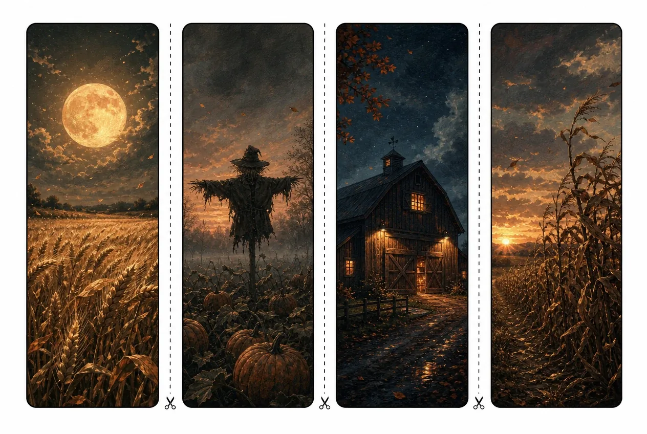 Printable harvest moon and pumpkin patch bookmarks bathed in warm late-summer evening glow.