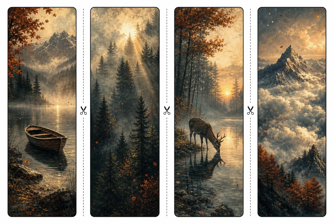 Serene misty mountain lake bookmarks depicting rowboats, quiet shorelines, and drinking deer.