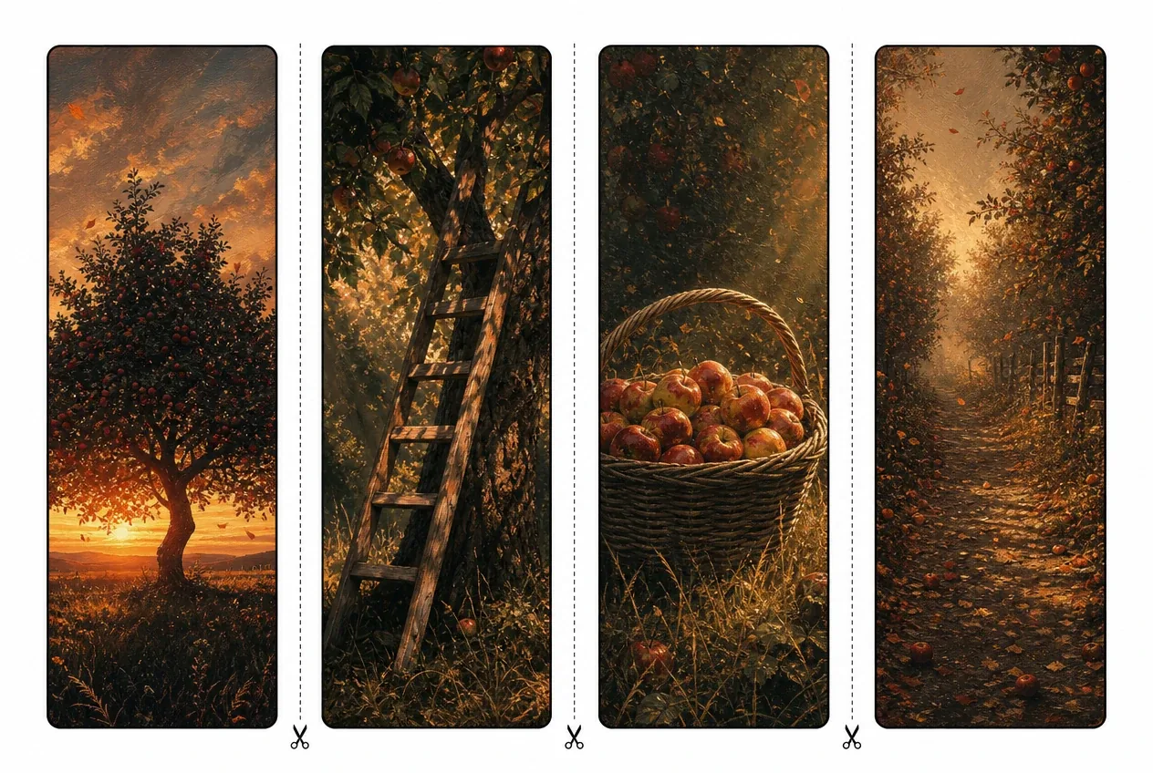 Apple orchard harvest bookmarks showing baskets of red fruit and sunlit orchard pathways.