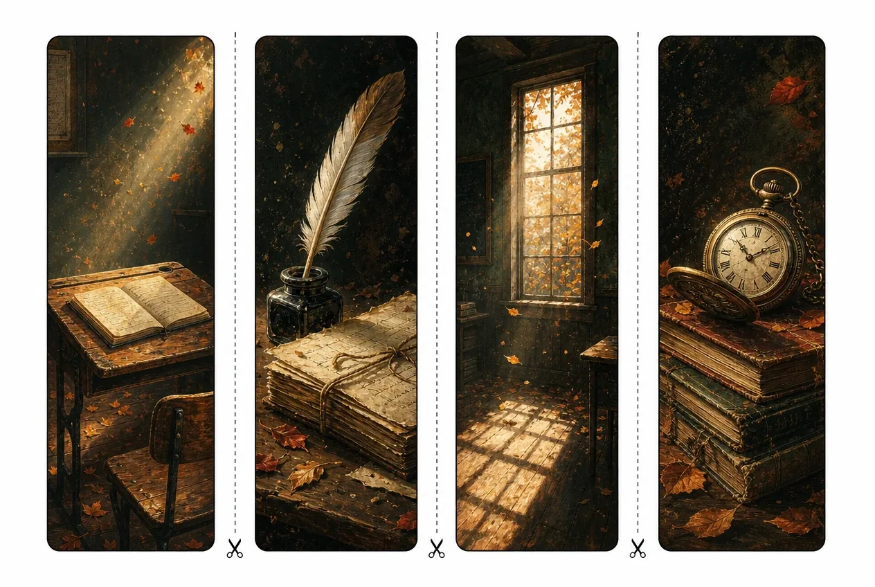 Vintage study desk bookmarks featuring quills, inkwells, antique pocket watches, and old manuscripts.
