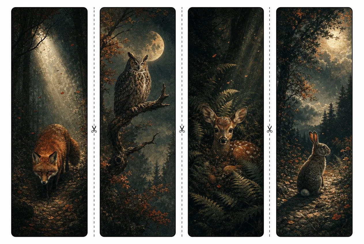 Charming woodland wildlife bookmarks showcasing foxes, owls, spotted fawns, and wild rabbits in nature.