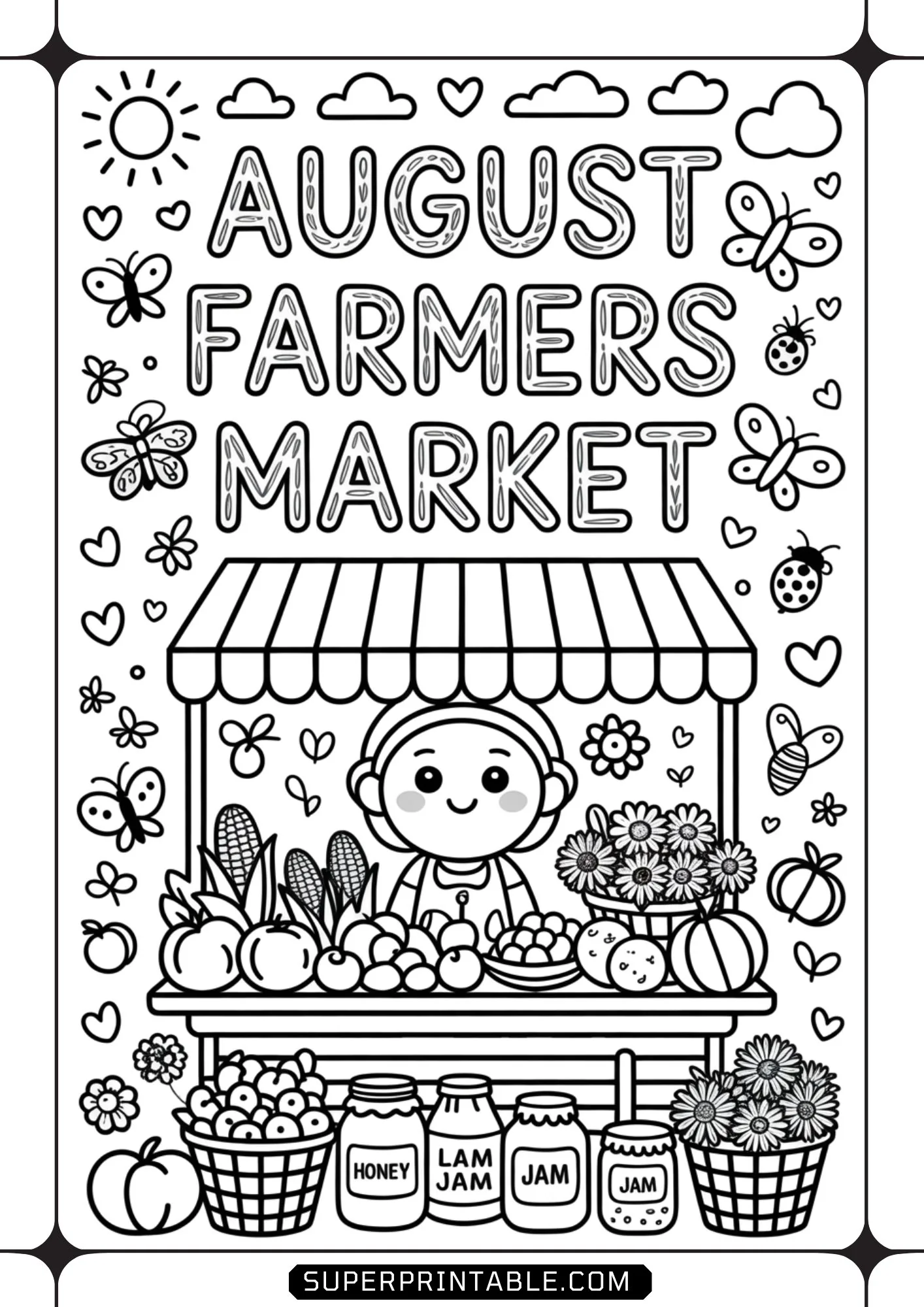 Cute farmers market stall with fresh vegetables, sunflower baskets, and homemade jam jars line art.