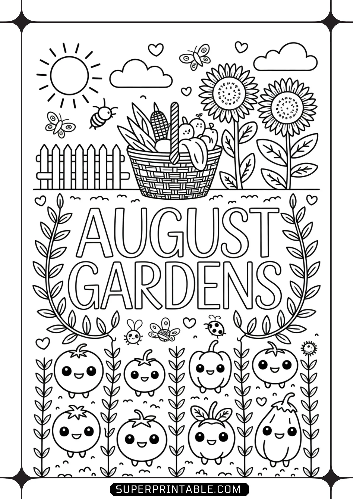 Cute cartoon vegetable garden line art with smiling tomatoes, eggplant, sunflowers, and harvest basket.