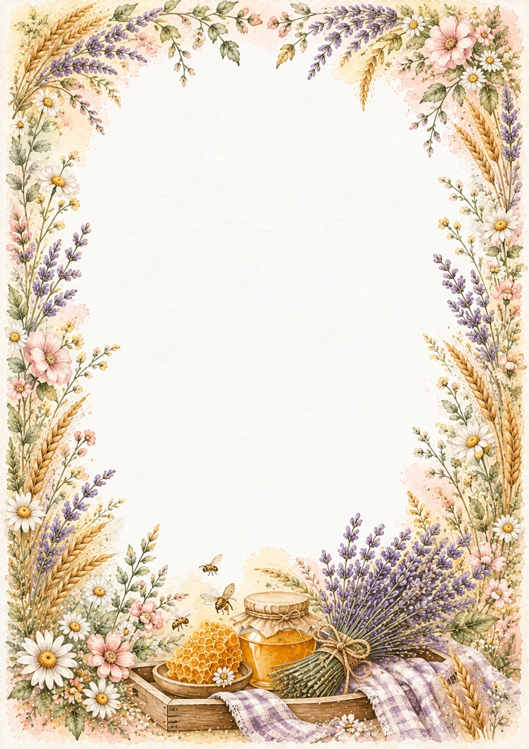 August writing paper borders with lavender, honey, wheat, daisies, and bees