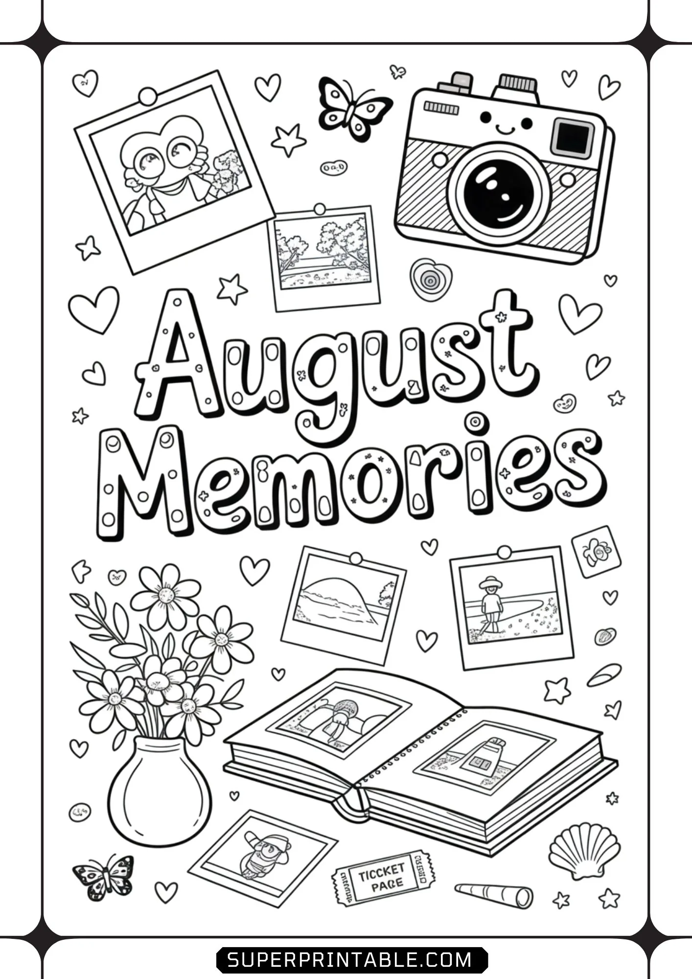 Scrapbook themed line art showing an open photo album, cute camera, polaroid frames, and flowers.