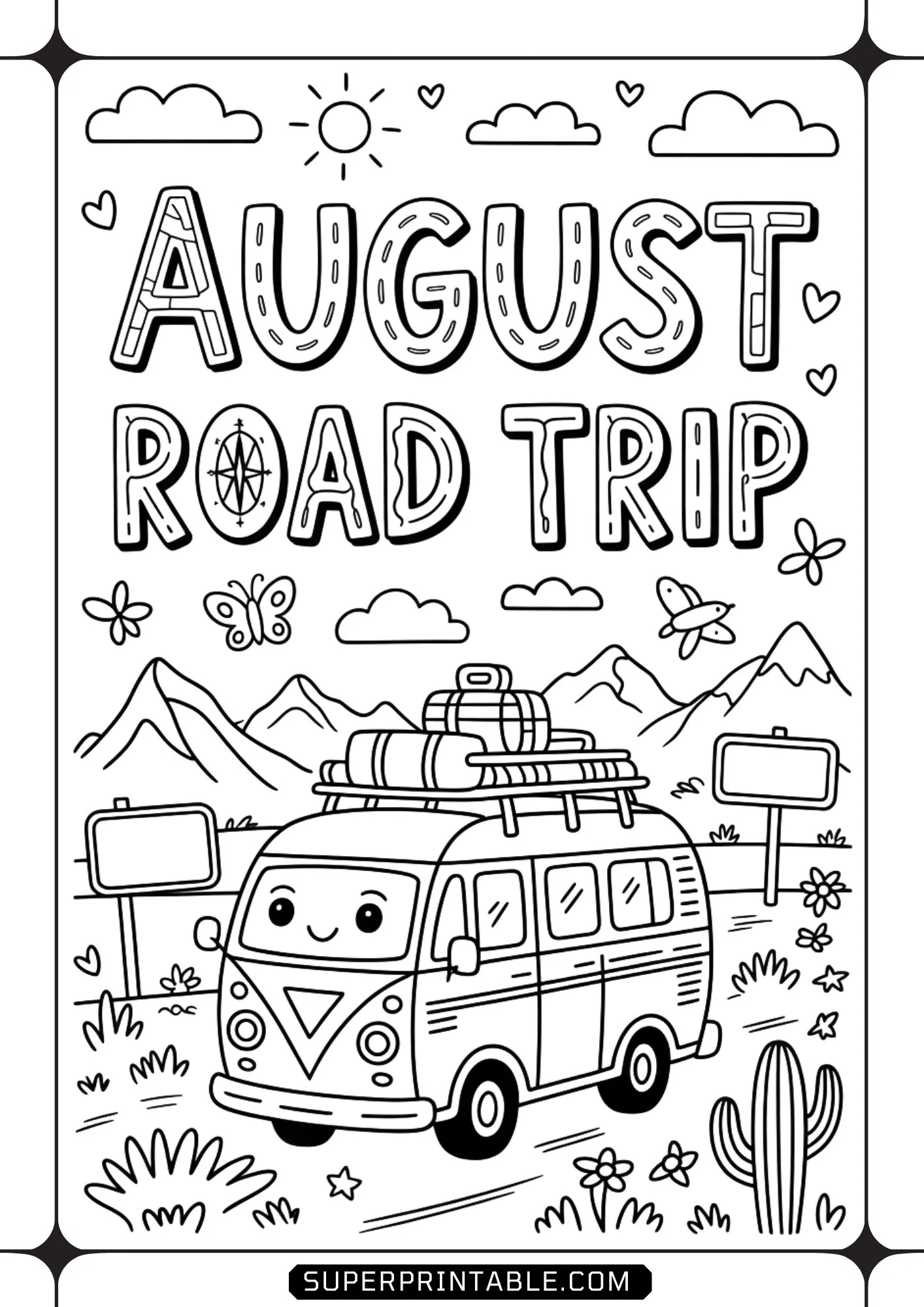 Charming camper van loaded with roof luggage driving along a scenic mountain road line drawing.