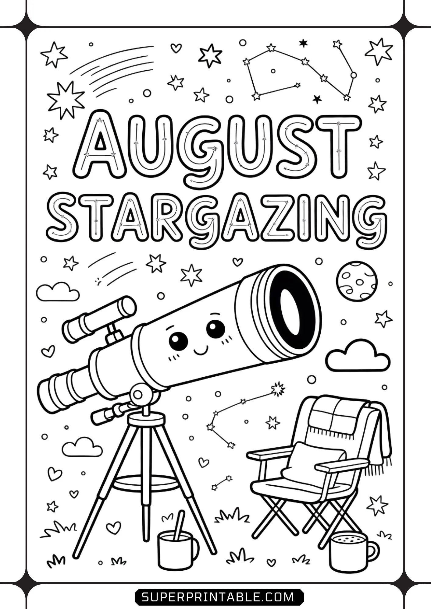 Cute telescope on a tripod pointing at stars and constellations next to a cozy outdoor chair.