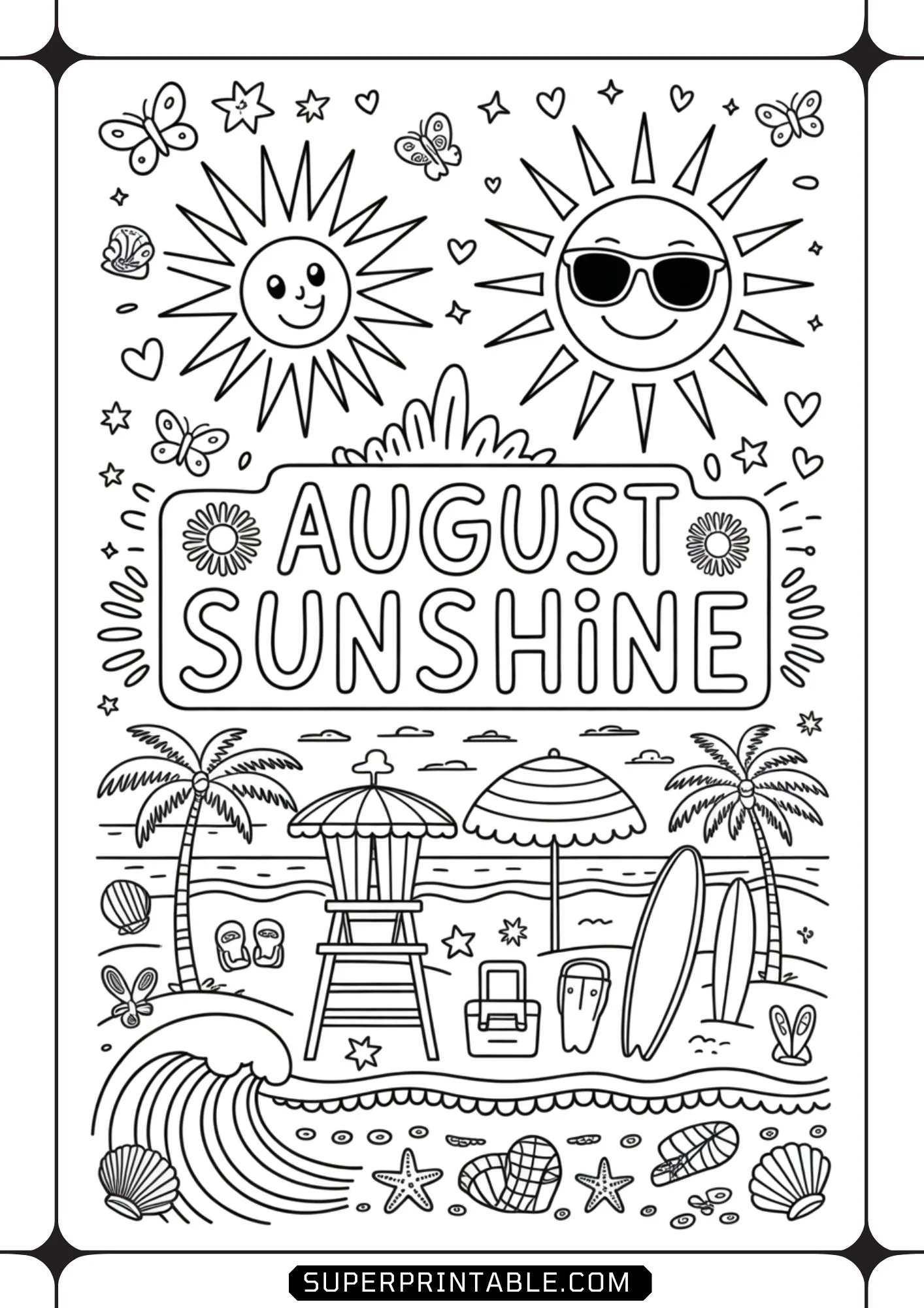 Sunny beach scene line art with cheerful suns, lifeguard tower, surfboards, palm trees, and shells.