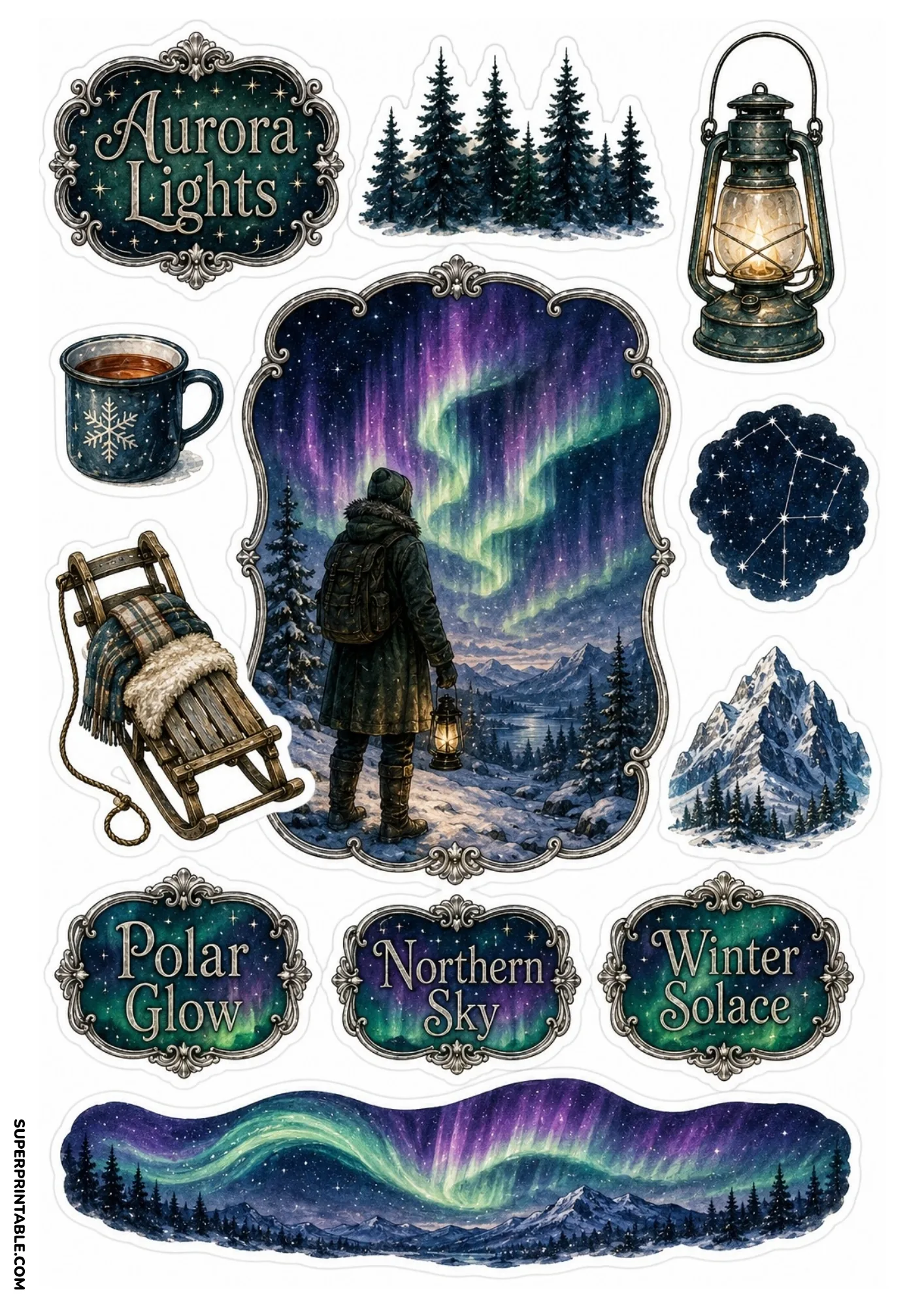 Northern lights night sky with a winter traveler, pine trees, lantern, and celestial and mystic sticker design.
