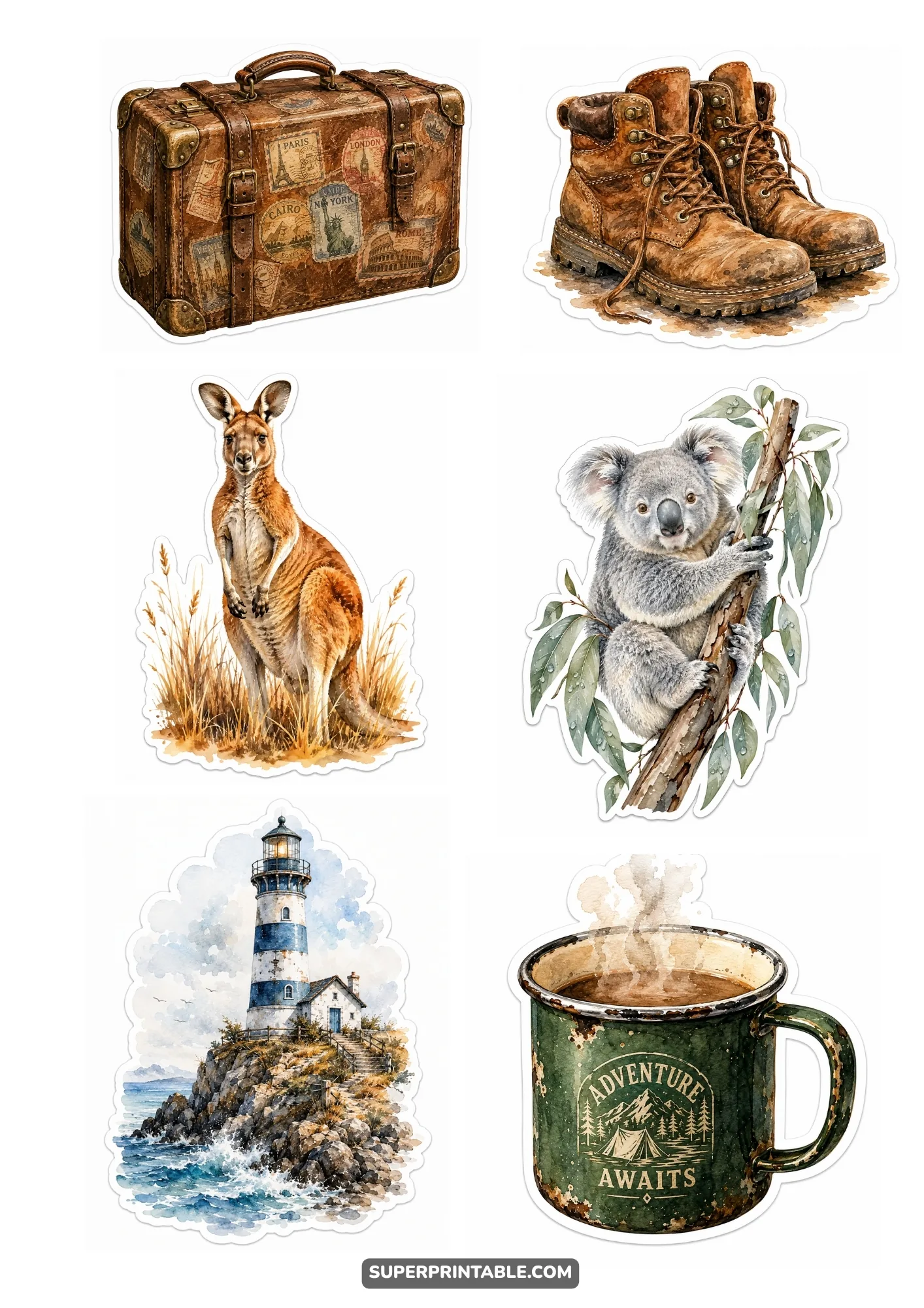 Vintage sticker sheet with suitcase, boots, kangaroo, koala, lighthouse, and mug