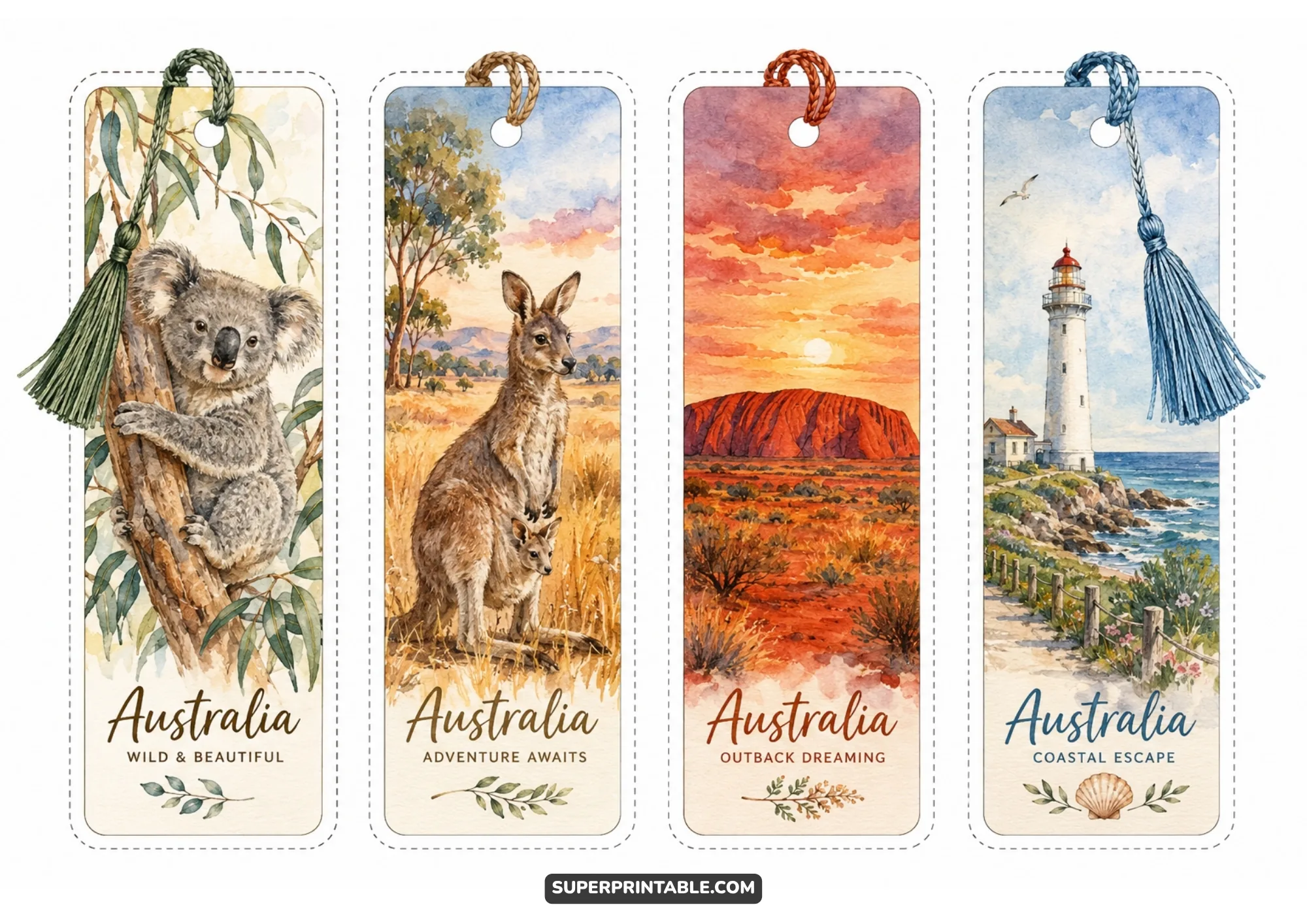 Australian bookmark set with koala, kangaroo, Uluru, and lighthouse scenes