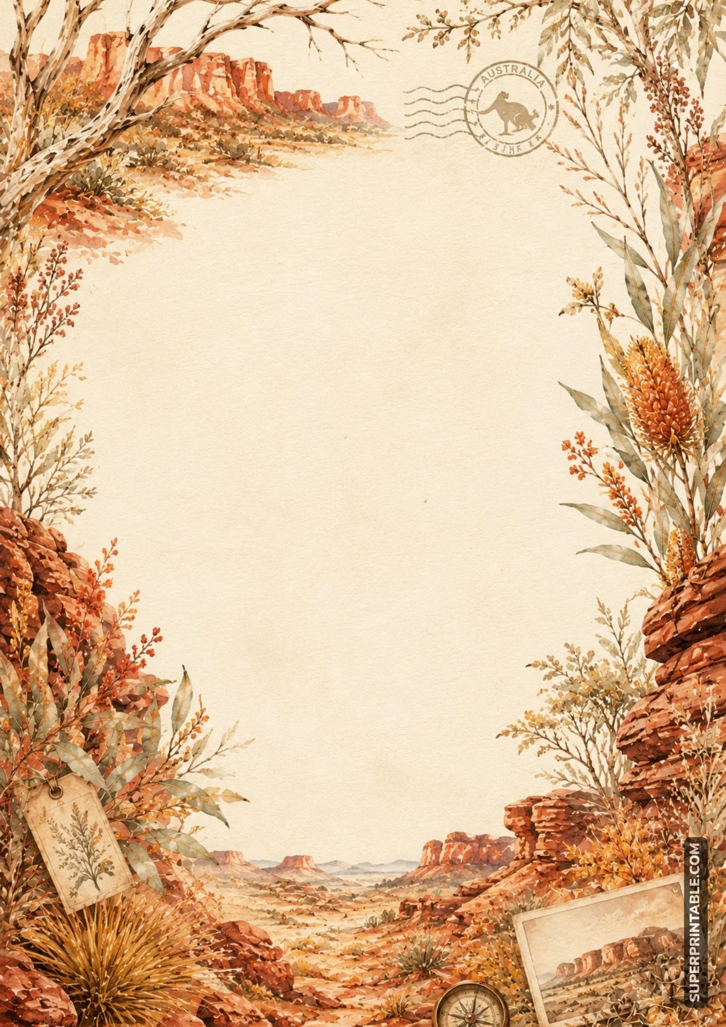 Australian outback writing page with warm foliage and distant landscape