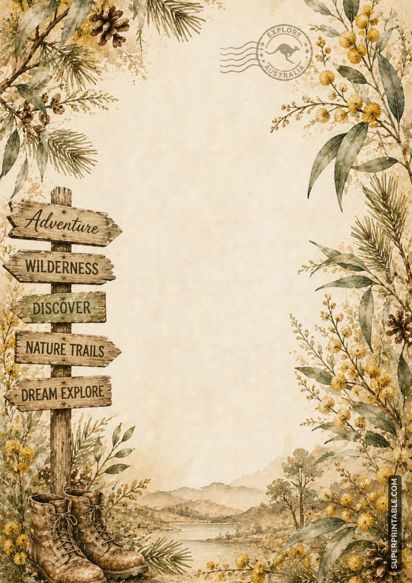Australian trail sign writing page with boots, yellow flowers, and foliage
