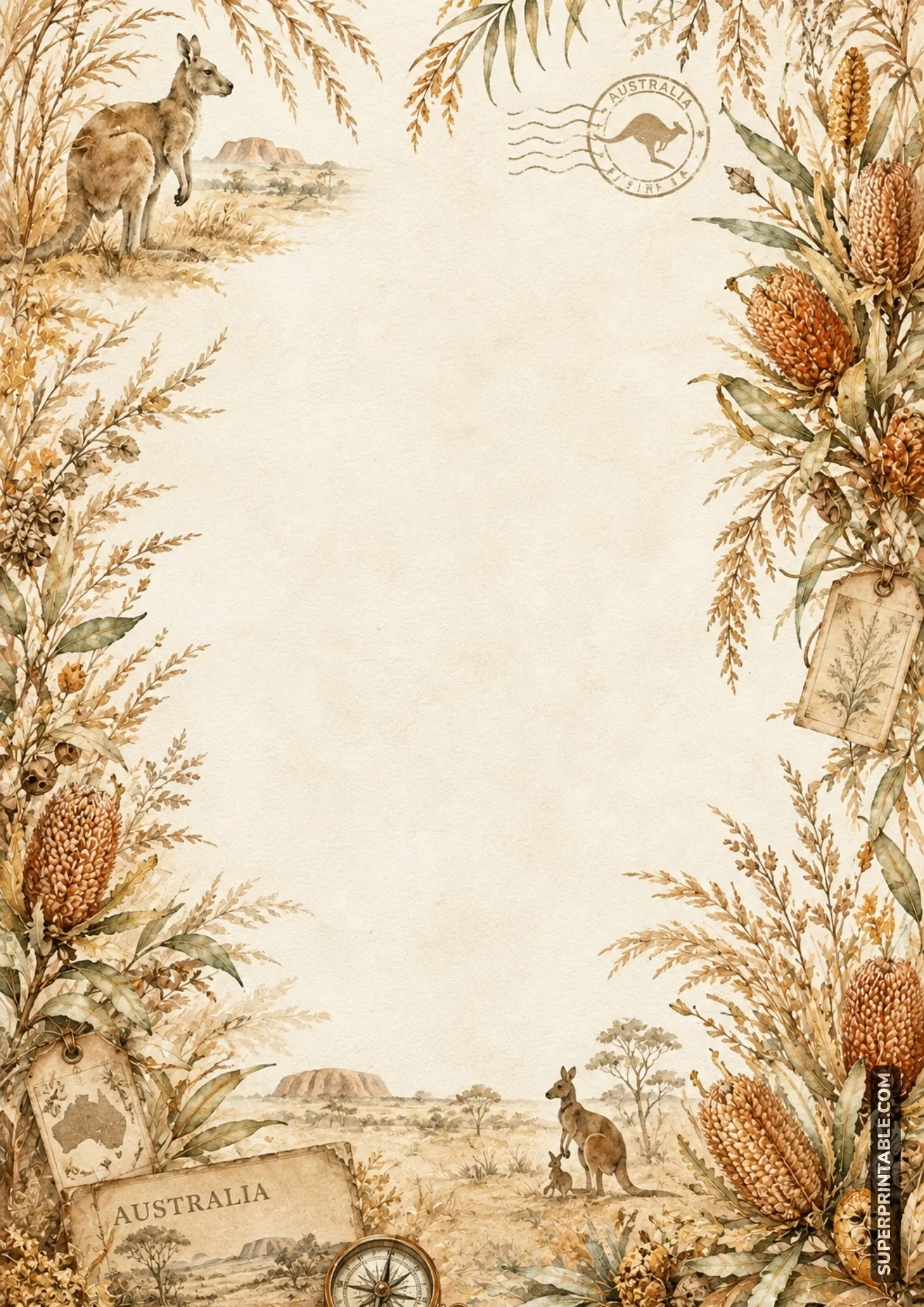 Australian wilderness writing page framed with native foliage and flowers
