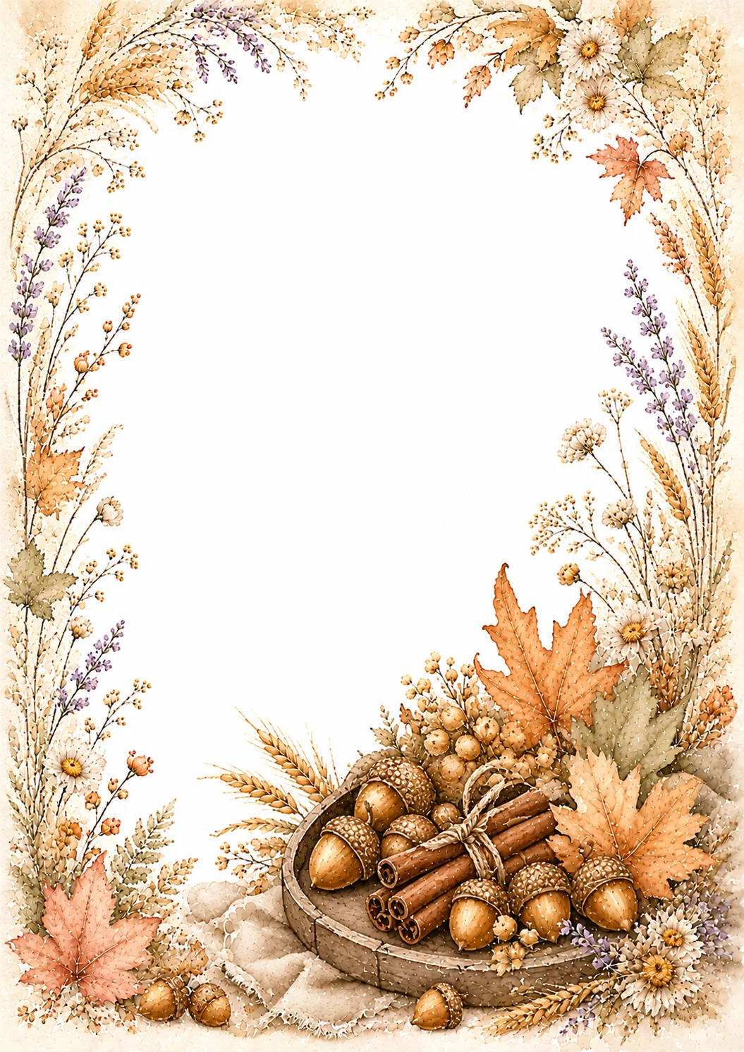 Fall botanical border with acorns, cinnamon sticks, wheat, lavender, daisies, and leaves