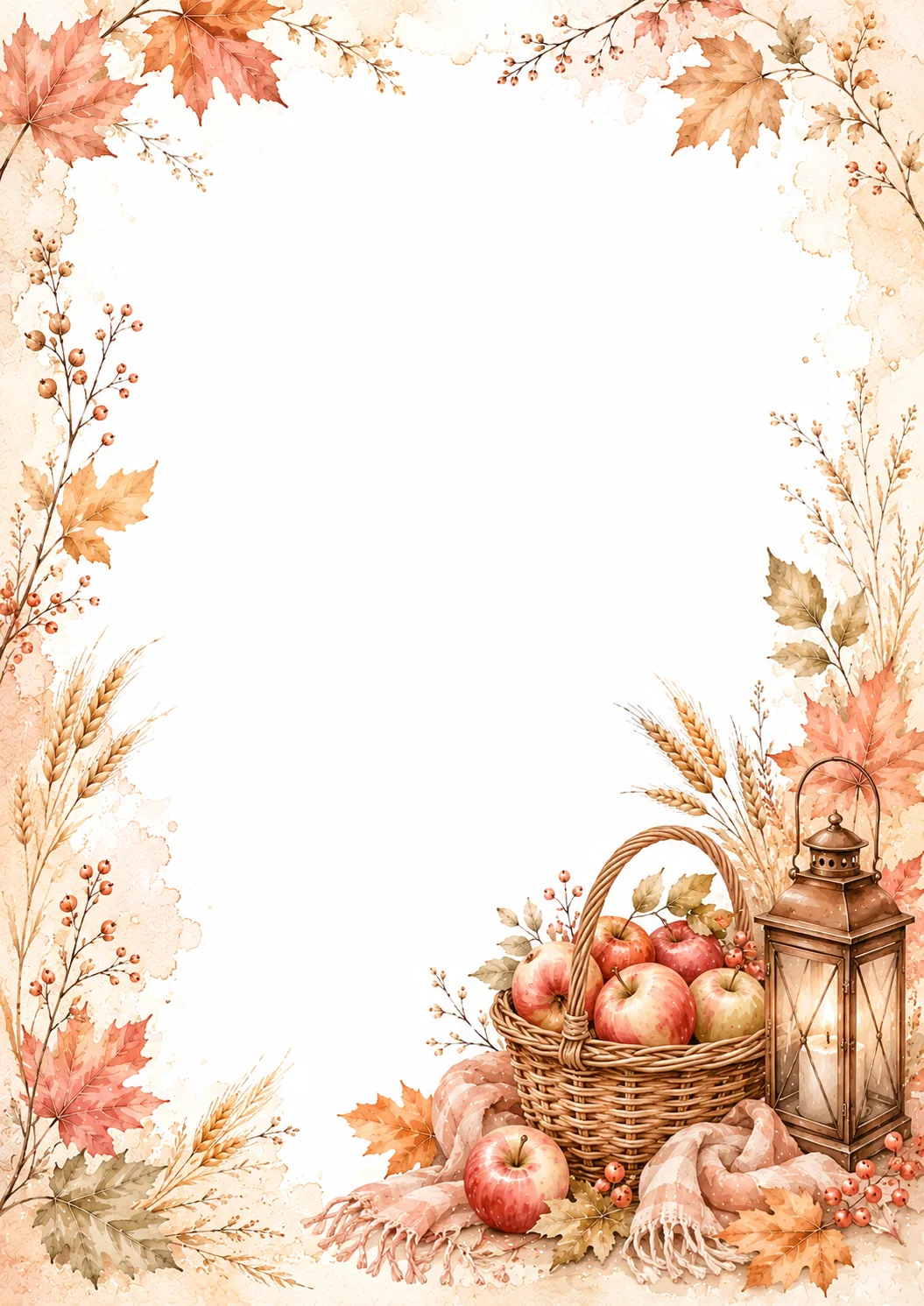 Autumn border coloring pages with apple basket, lantern, wheat, berries, and fall leaves