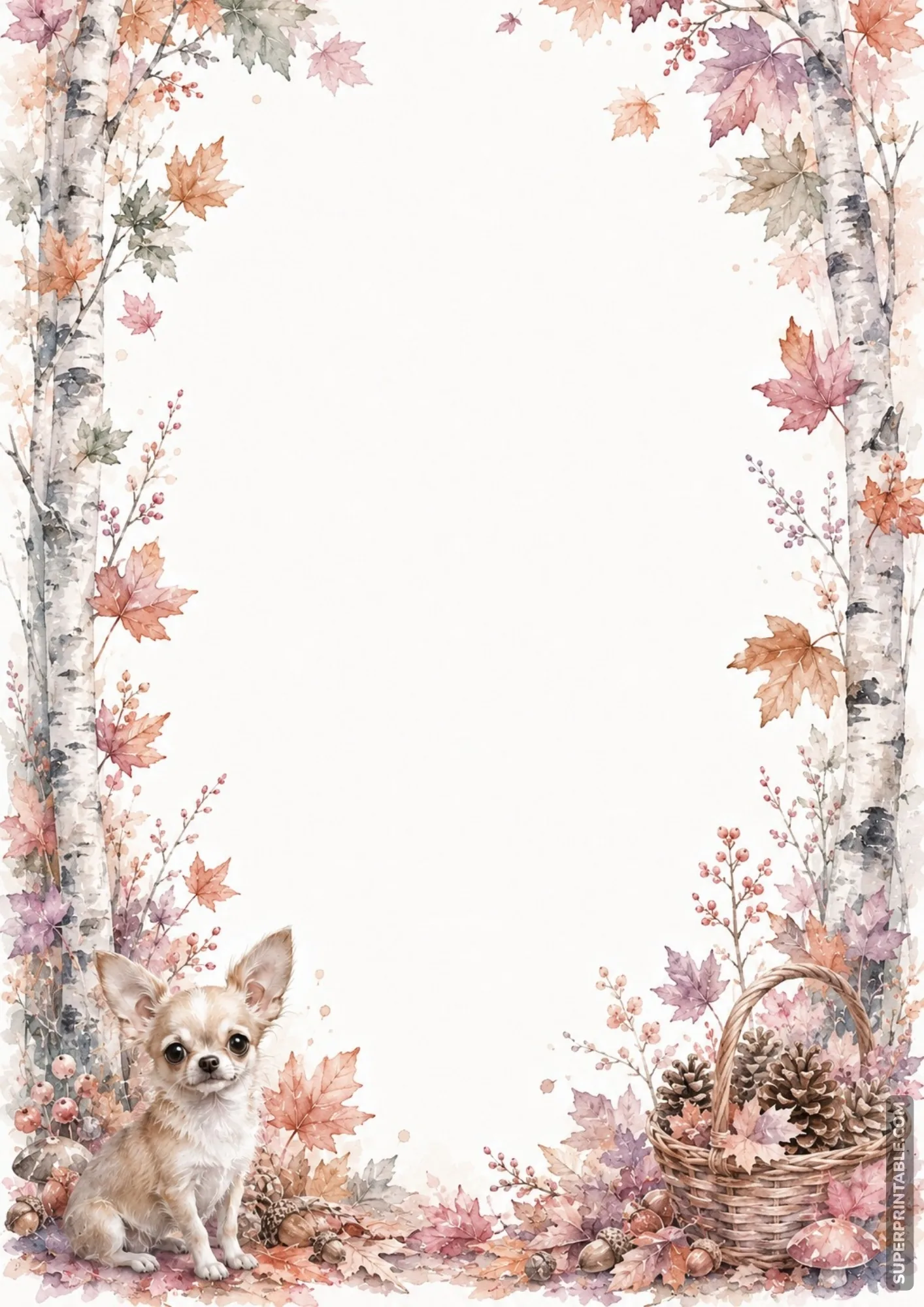 Autumn birch tree border page with fall leaves pinecones basket and small chihuahua