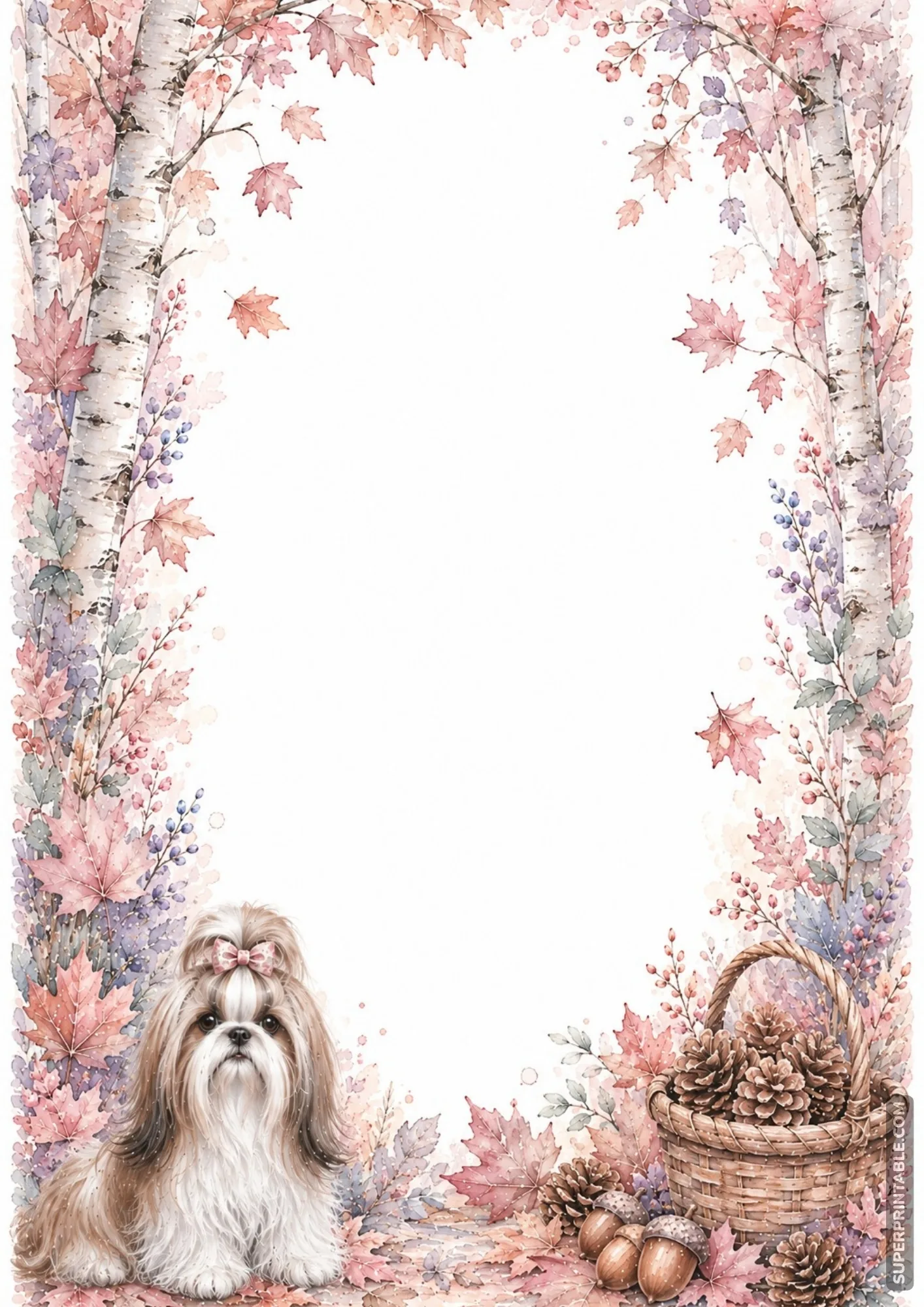 Autumn forest border page featuring birch trees maple leaves and pinecone basket