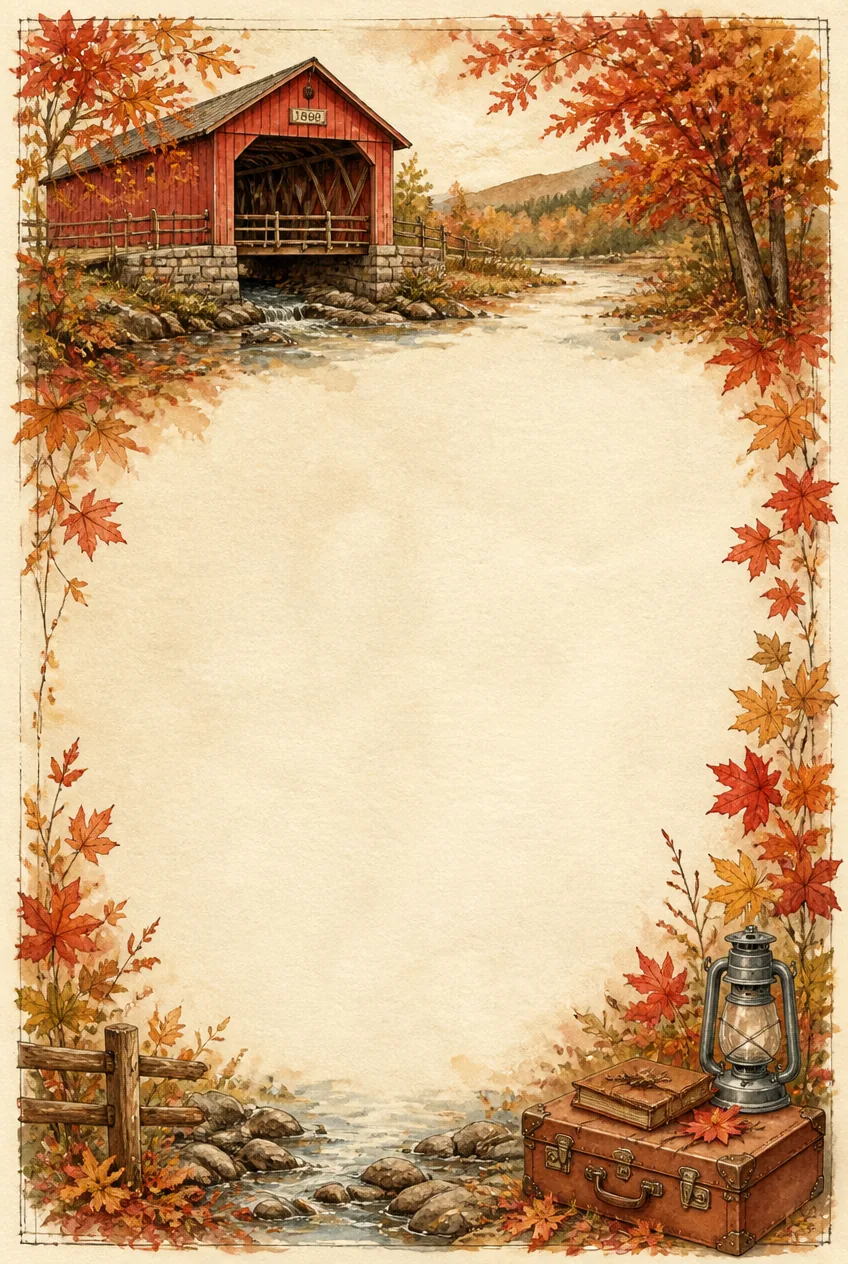 Autumn covered bridge page border with red maple leaves, stream, and rustic lantern.