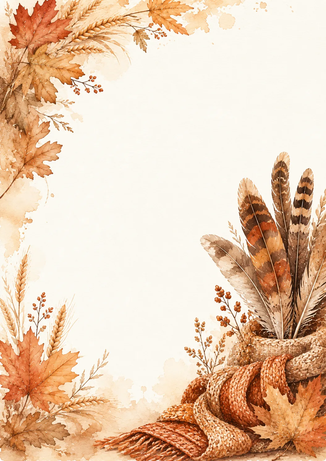 Rustic fall border with patterned feathers, wheat, orange maple leaves, berries, and knitted scarf
