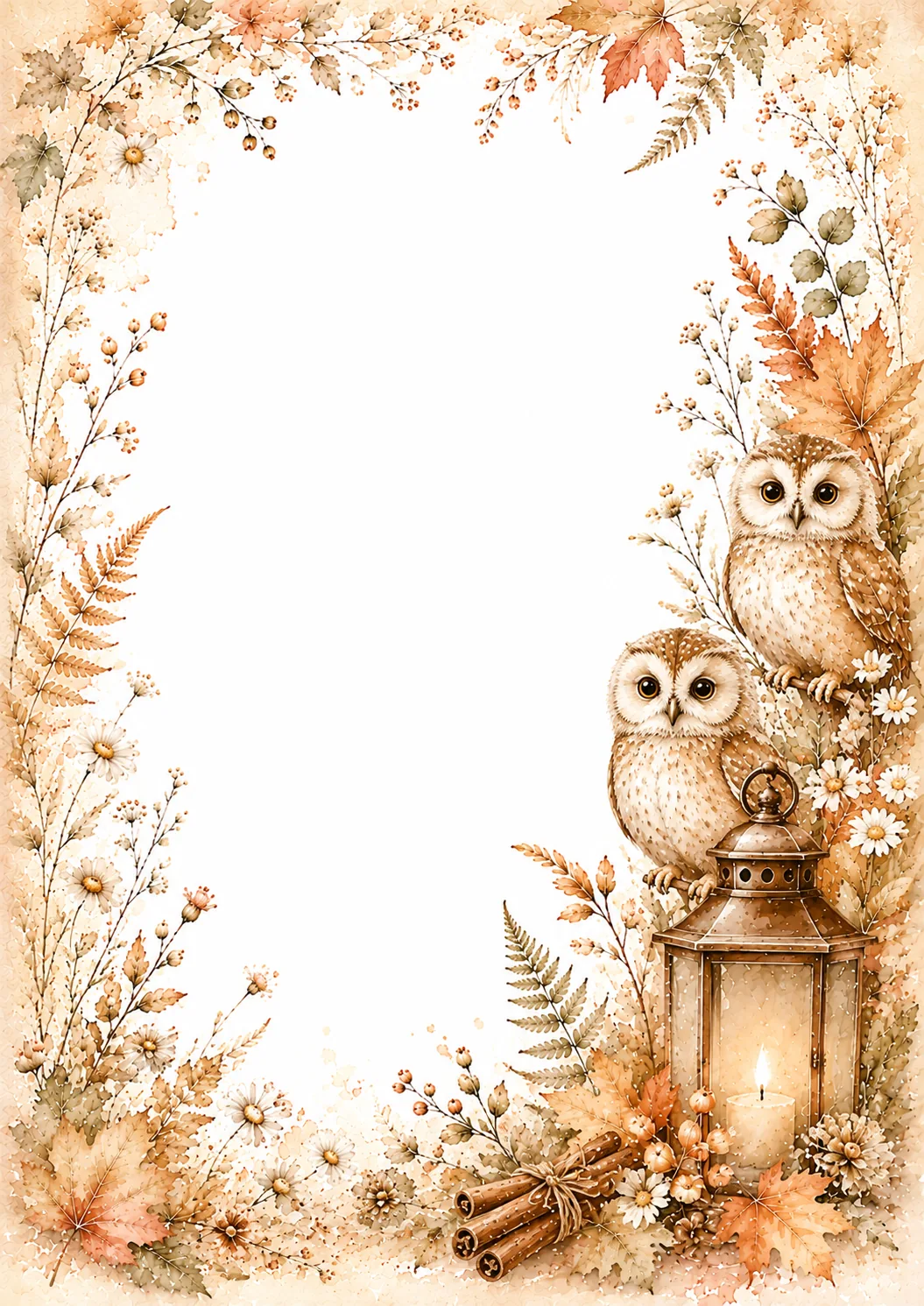 Elegant botanical fall frame with golden ferns, wildflowers, berries, herbs, and layered autumn leaves
