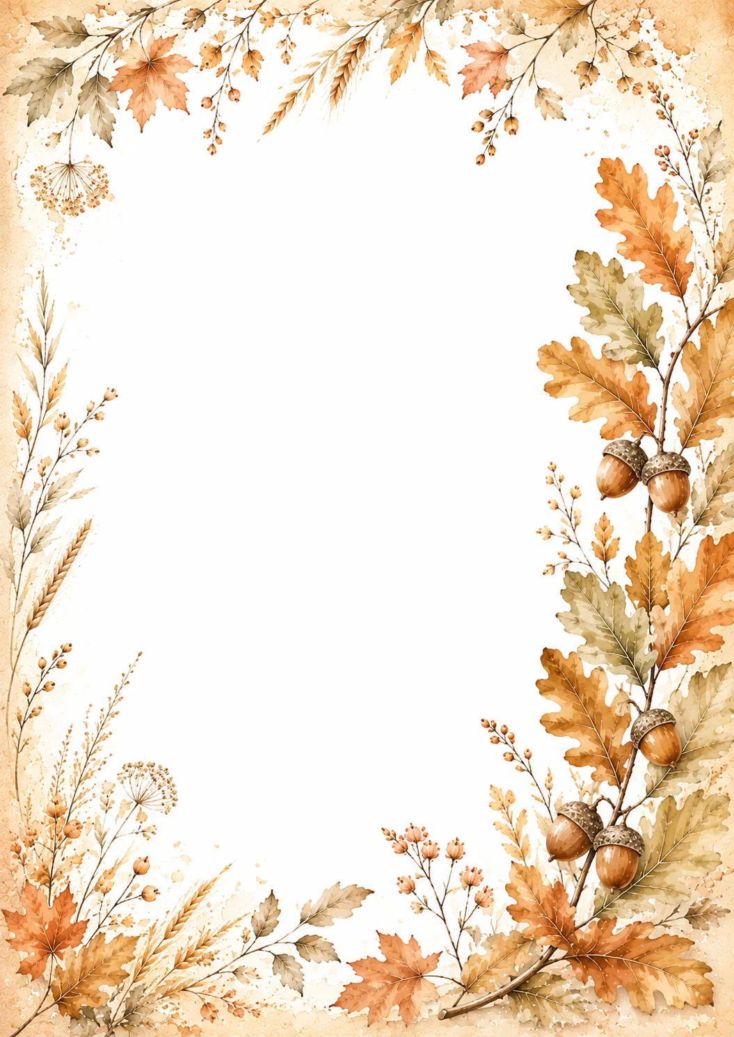 Autumn border coloring pages featuring figs, grapes, acorns, maple leaves, and a rustic wooden crate