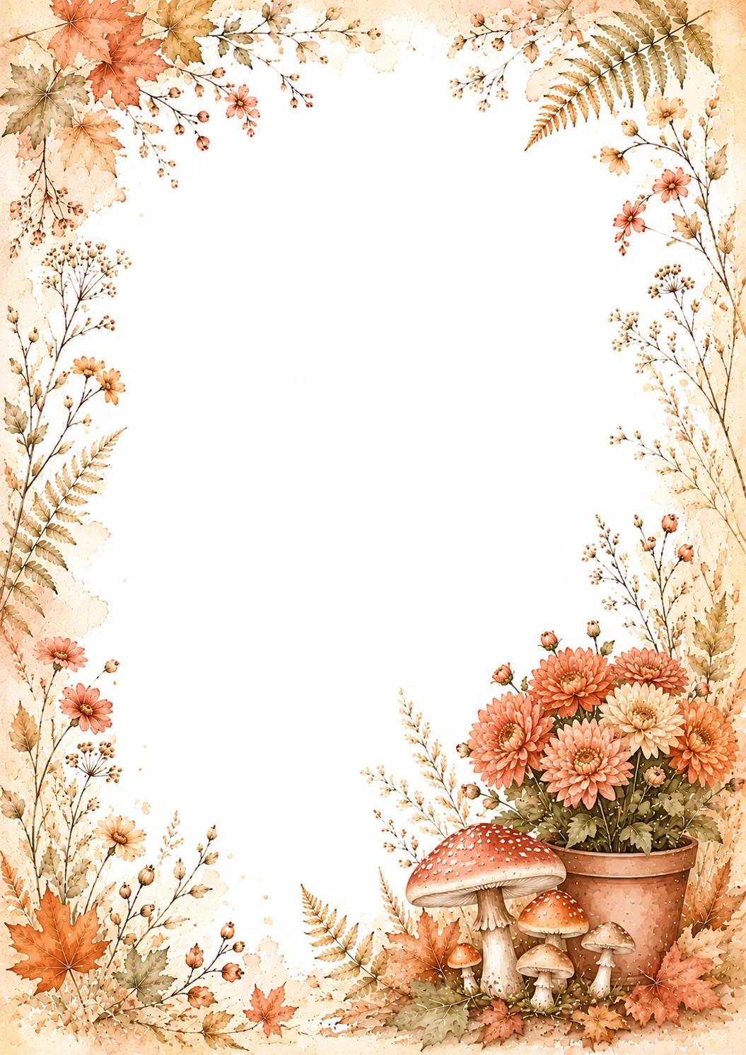 Whimsical fall border with coral flowers, spotted mushrooms, ferns, maple leaves, and wildflowers