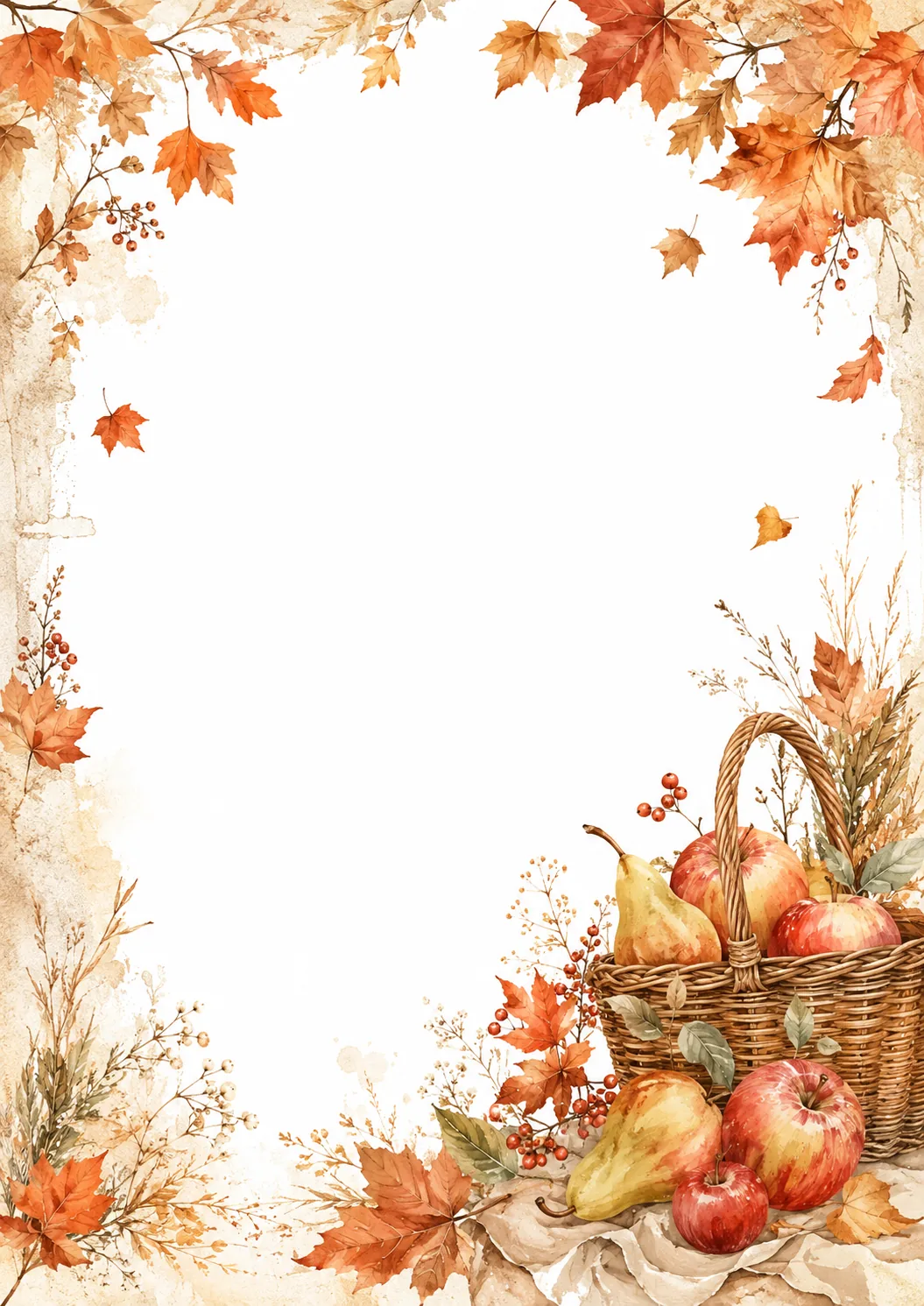 Harvest fruit border with wicker basket, apples, pears, orange maple leaves, berries, and grasses