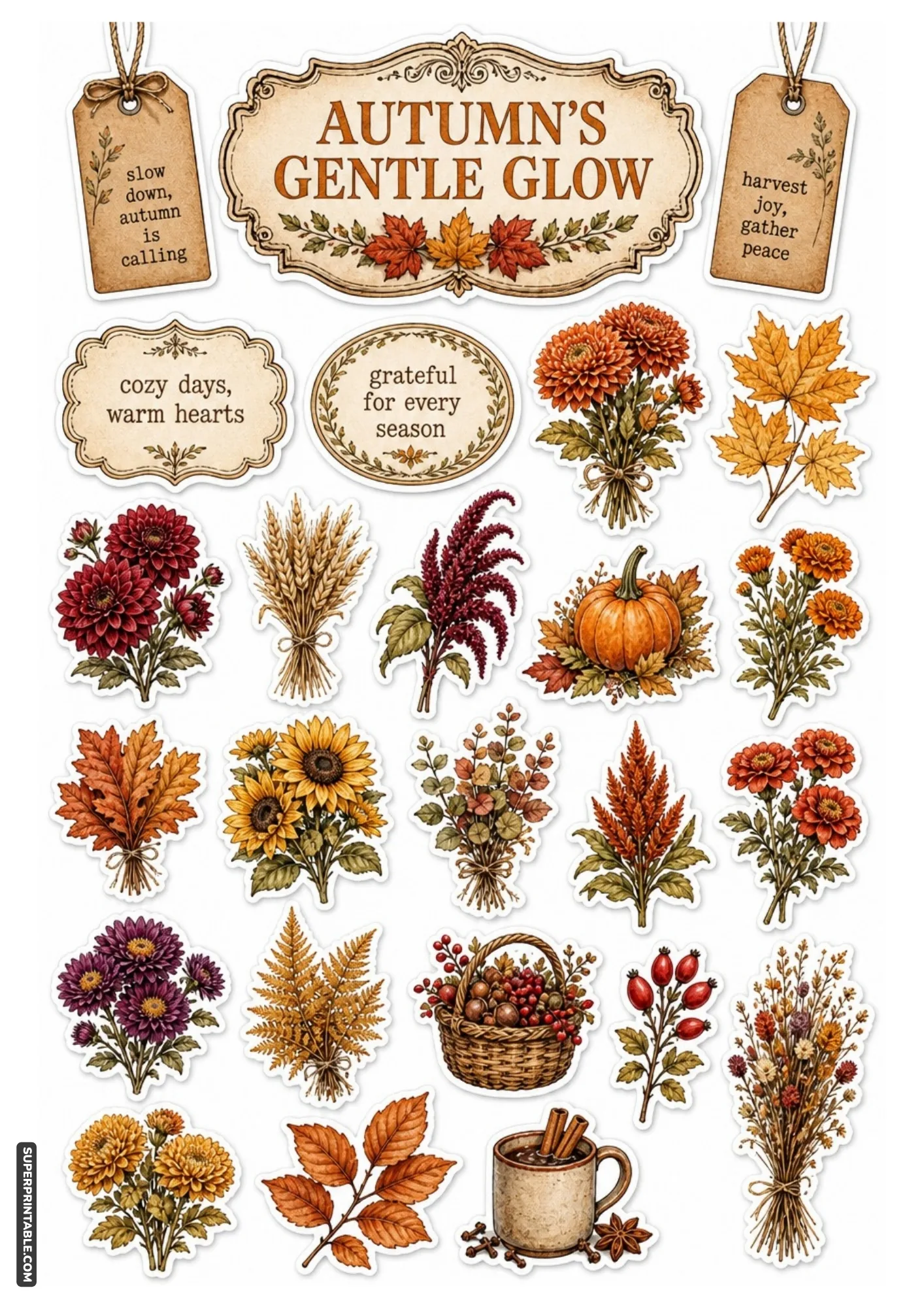 Fall themed floral printables with pumpkins, wheat, and autumn leaves.