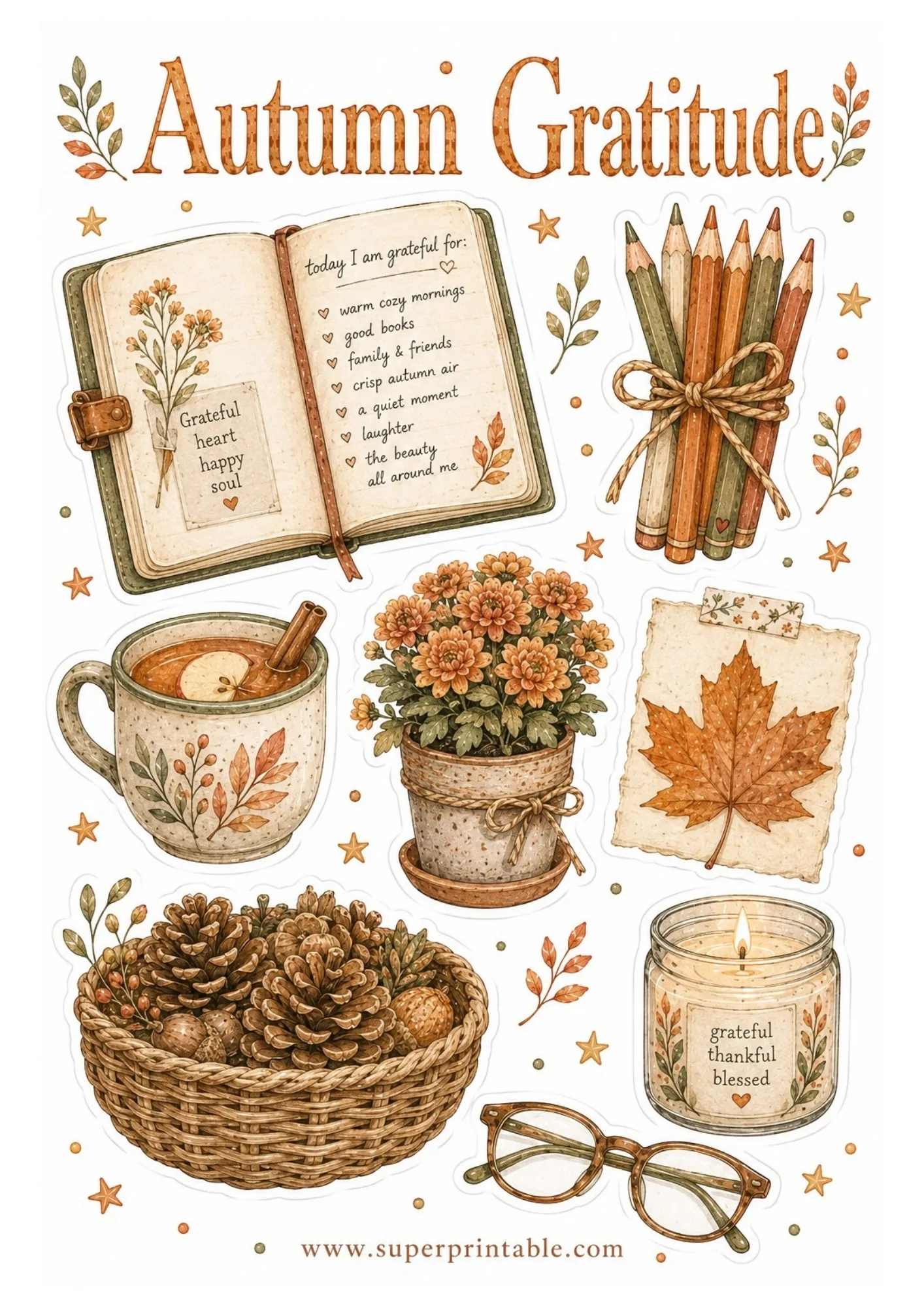Printable gratitude journal sticker sheet with watercolor open journal list, pencils bundle, apple cider mug, potted flowers, leaf note, pinecone basket, and candle.