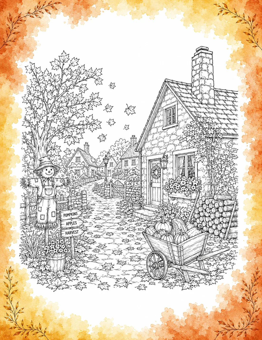 Autumn cottage coloring page showing a scarecrow, a harvest directional signpost, a pumpkin wheelbarrow, and falling leaves inside an orange watercolor border.