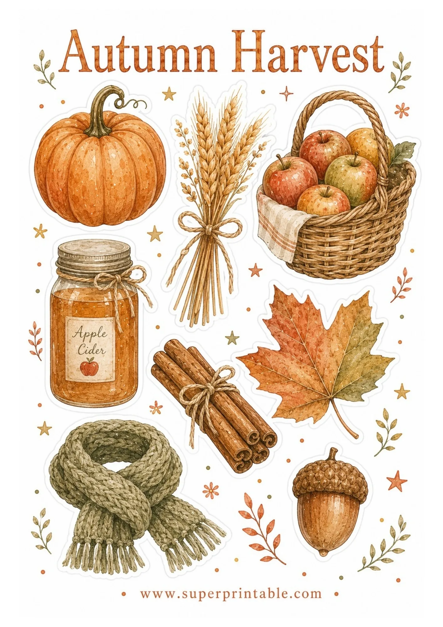 Printable fall harvest sticker sheet featuring watercolor pumpkin, wheat bundle, apple basket, apple cider jar, cinnamon sticks, maple leaf, scarf, and acorn.