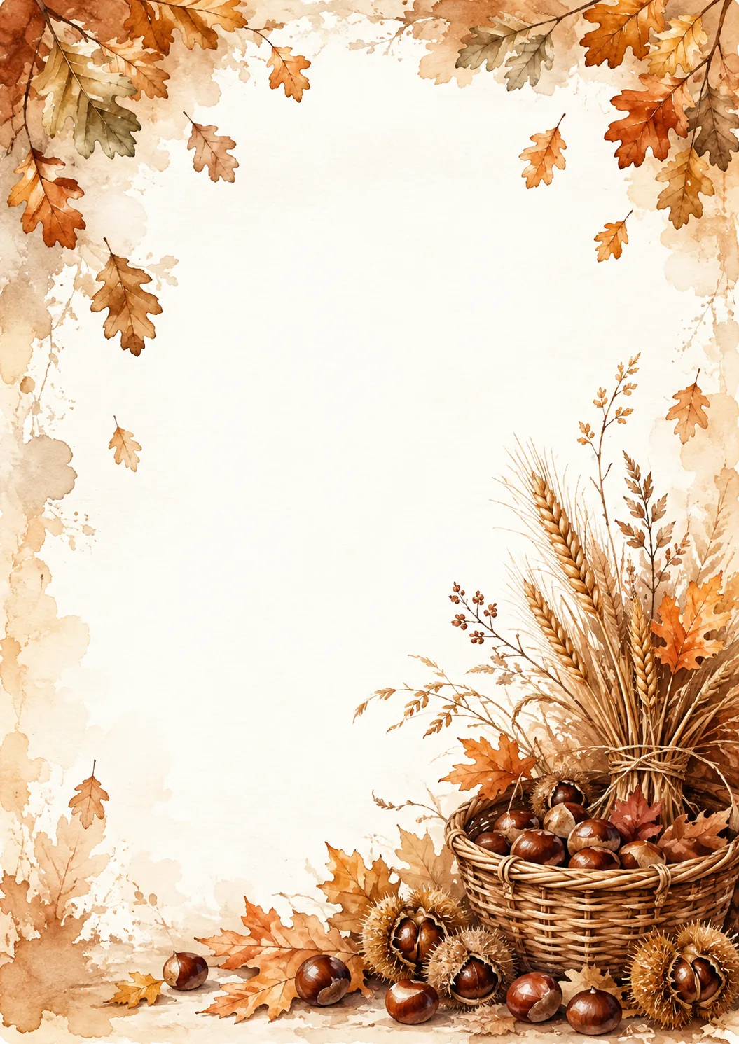November washed borders with autumn leaves, wheat, chestnuts, and a woven harvest basket