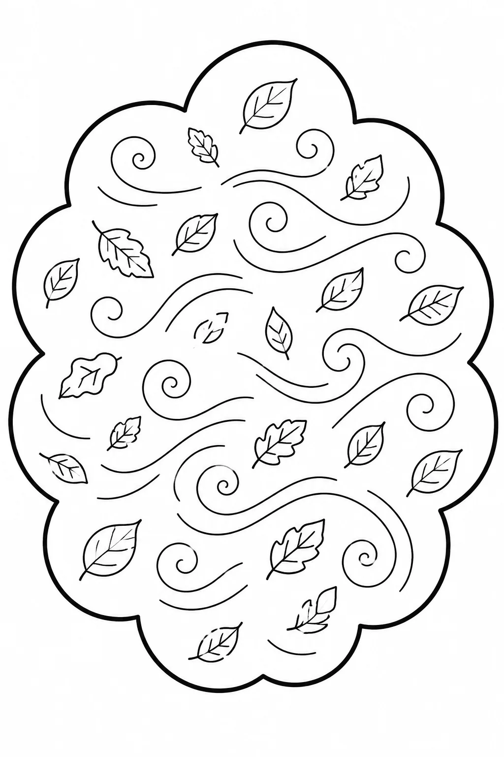 Falling autumn leaves and swirling wind gusts inside a cloud outline.