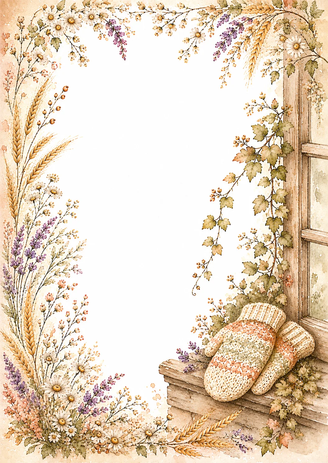 Cozy fall border with knitted mittens, rustic window, wheat, daisies, lavender, and vines