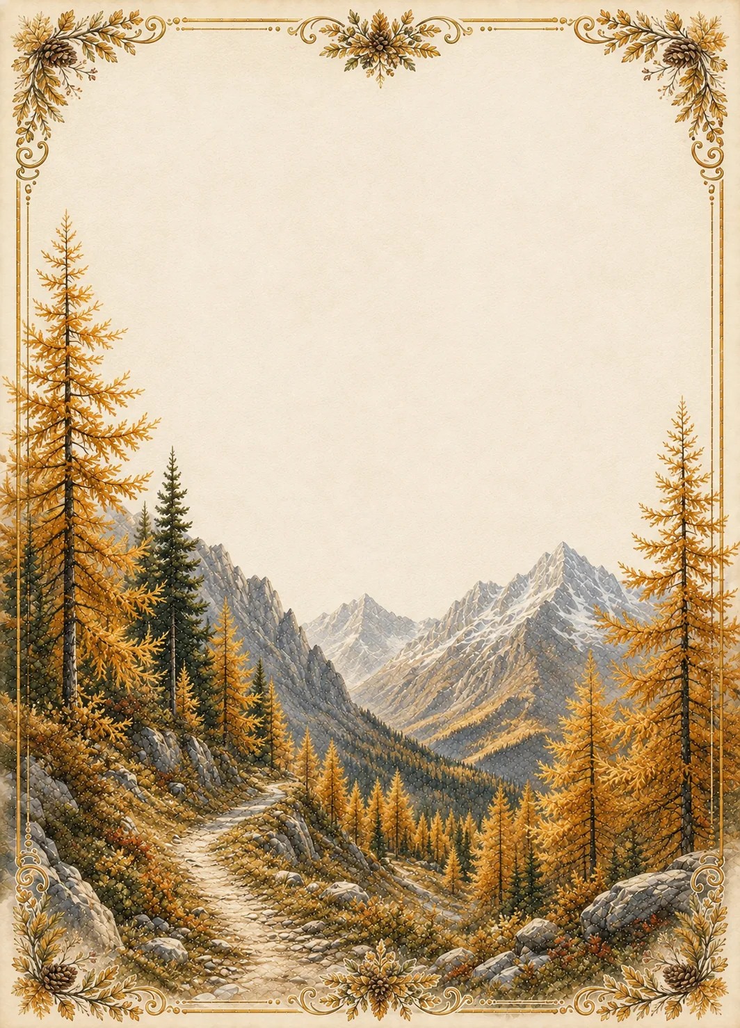 Golden autumn mountain path lined with pines framed by pinecone ornaments.