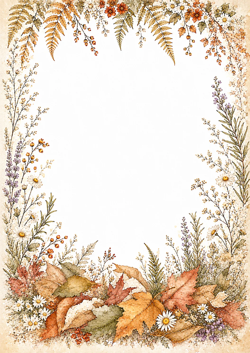 Woodland border with orange, cream, and purple mushrooms, ferns, berries, flowers, and fall foliage