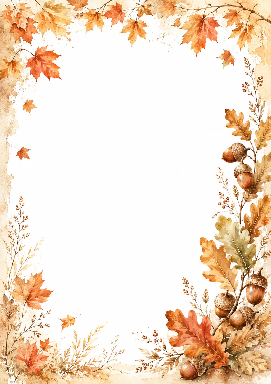 Watercolor fall frame with orange maple leaves, layered oak foliage, acorns, berries, and branches