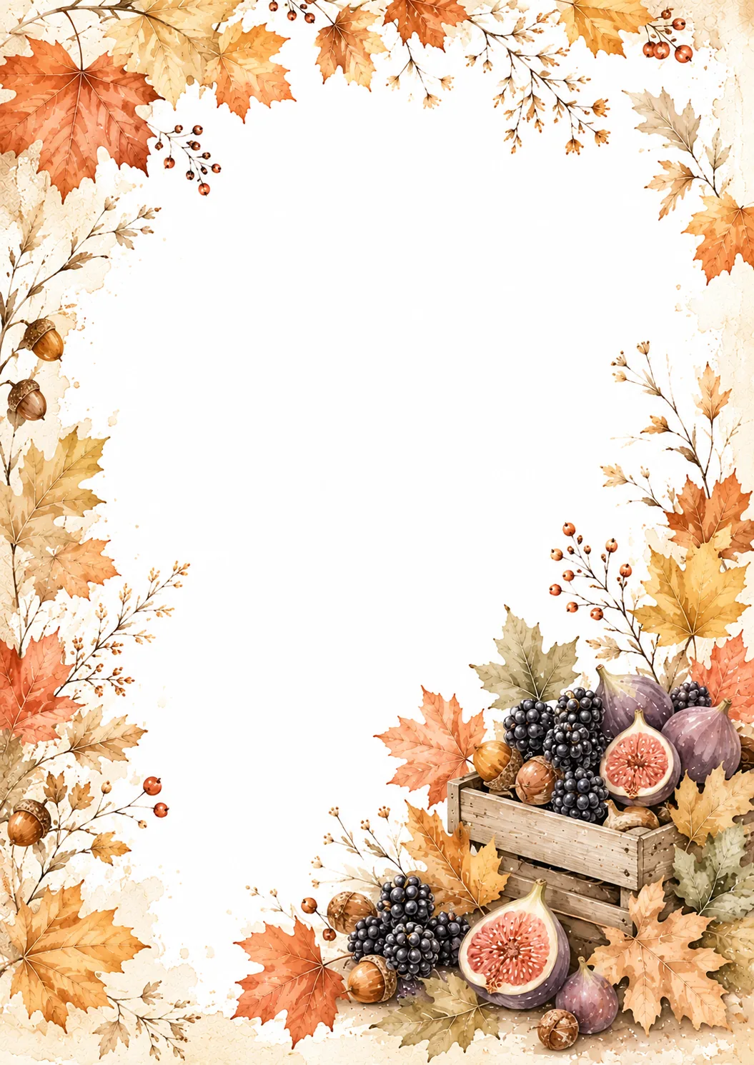 Woodland fall border with two owls, glowing lantern, cinnamon sticks, daisies, ferns, and leaves