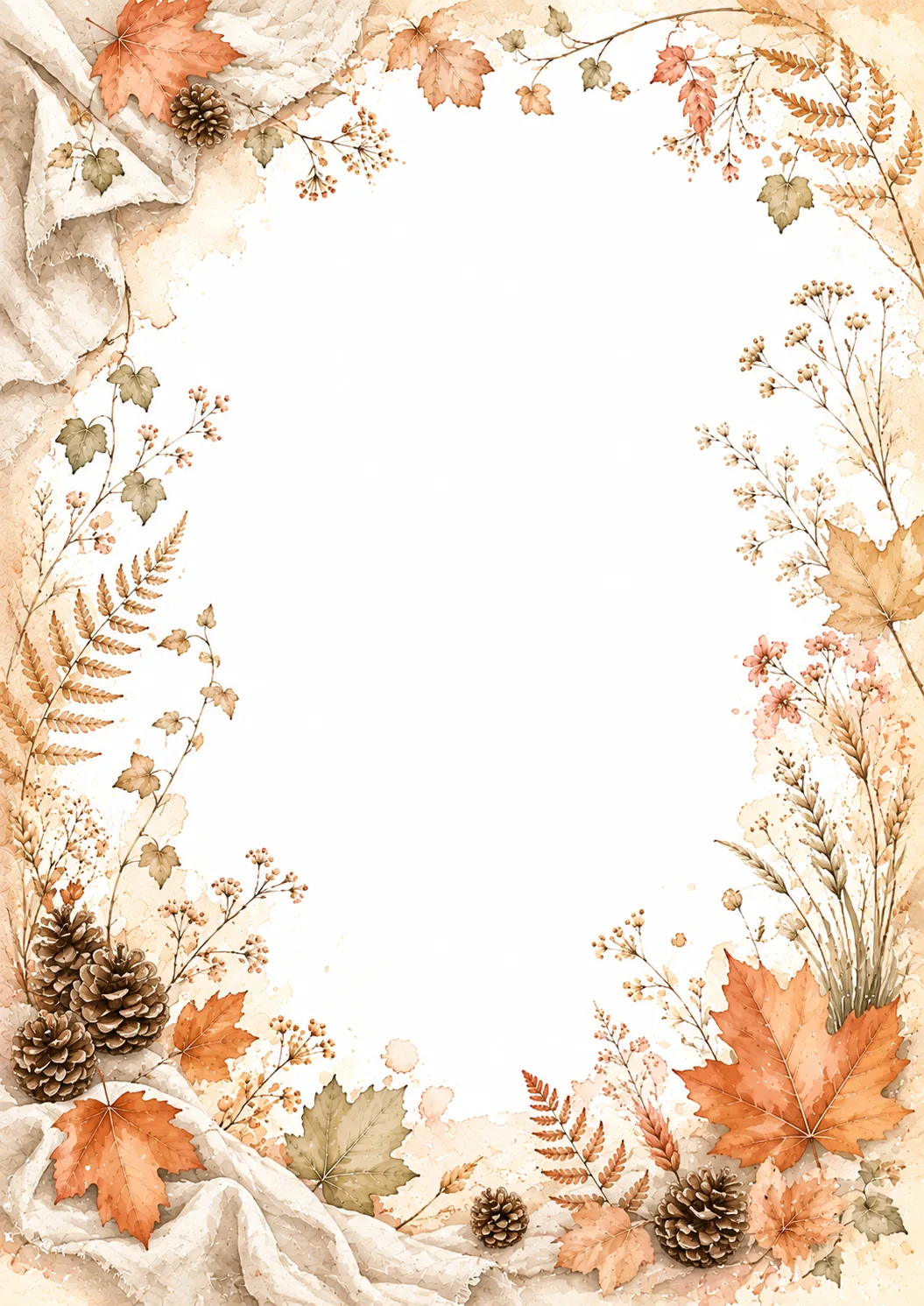 Soft fall border with cream blankets, pinecones, maple leaves, ferns, berries, and dried botanicals