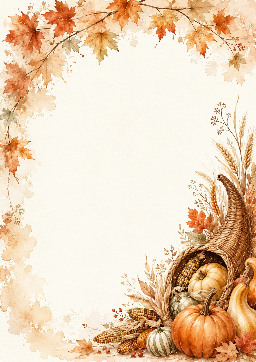 Watercolor autumn border with pumpkin cornucopia, colorful corn, gourds, and maple leaves