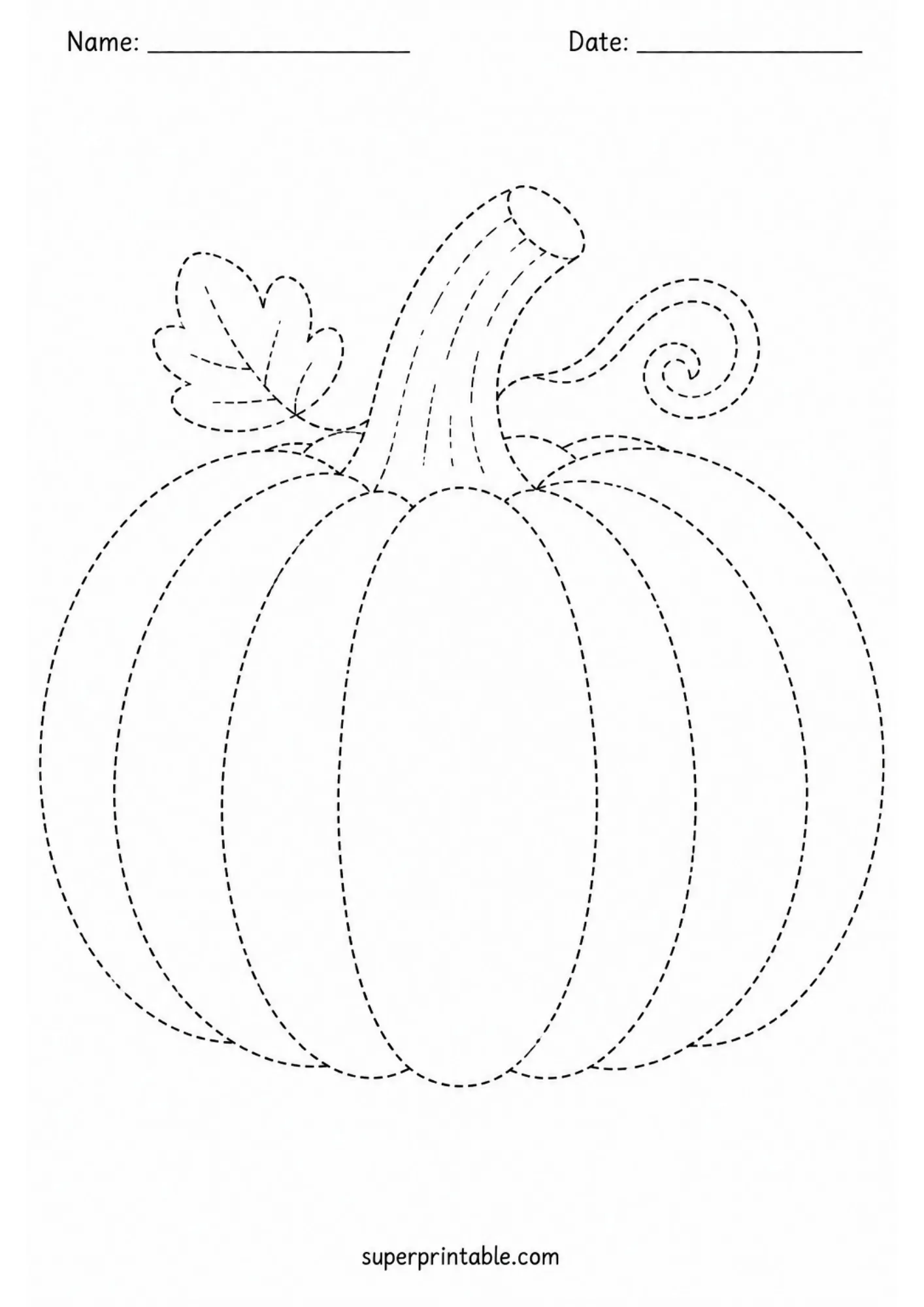 Dashed outline pumpkin tracing page for preschool fine motor skill practice.