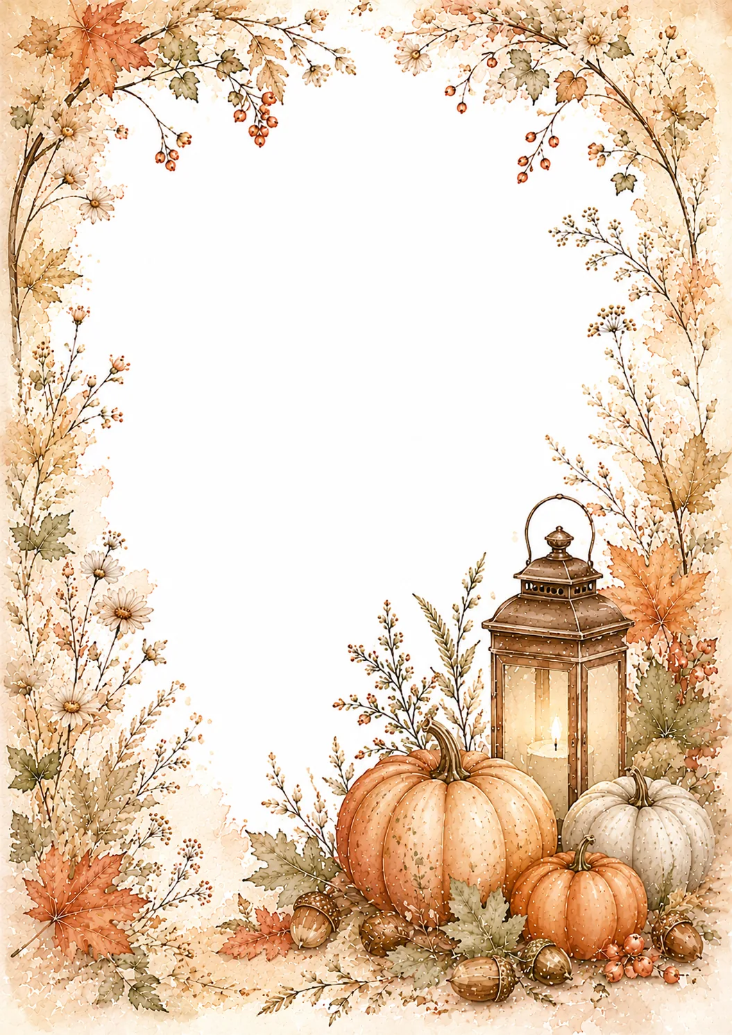 Harvest border with orange and cream pumpkins, glowing lantern, acorns, daisies, and fall foliage