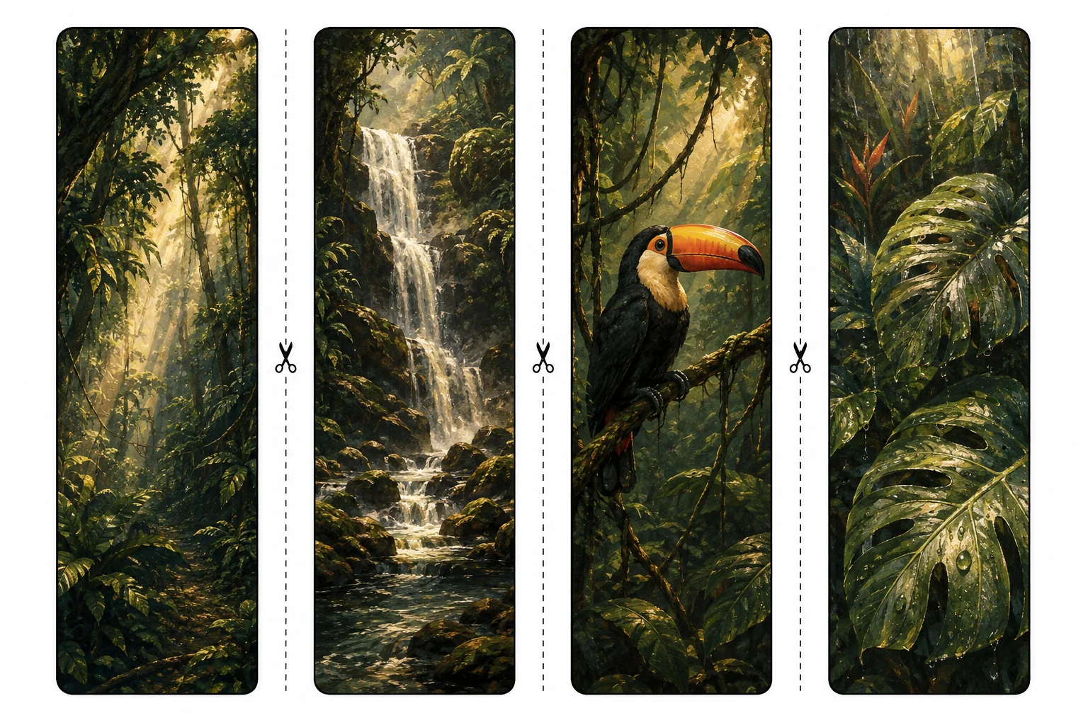 Four printable jungle bookmarks with canopy light shafts, a waterfall, a toucan on a vine, and rain-soaked monstera leaves