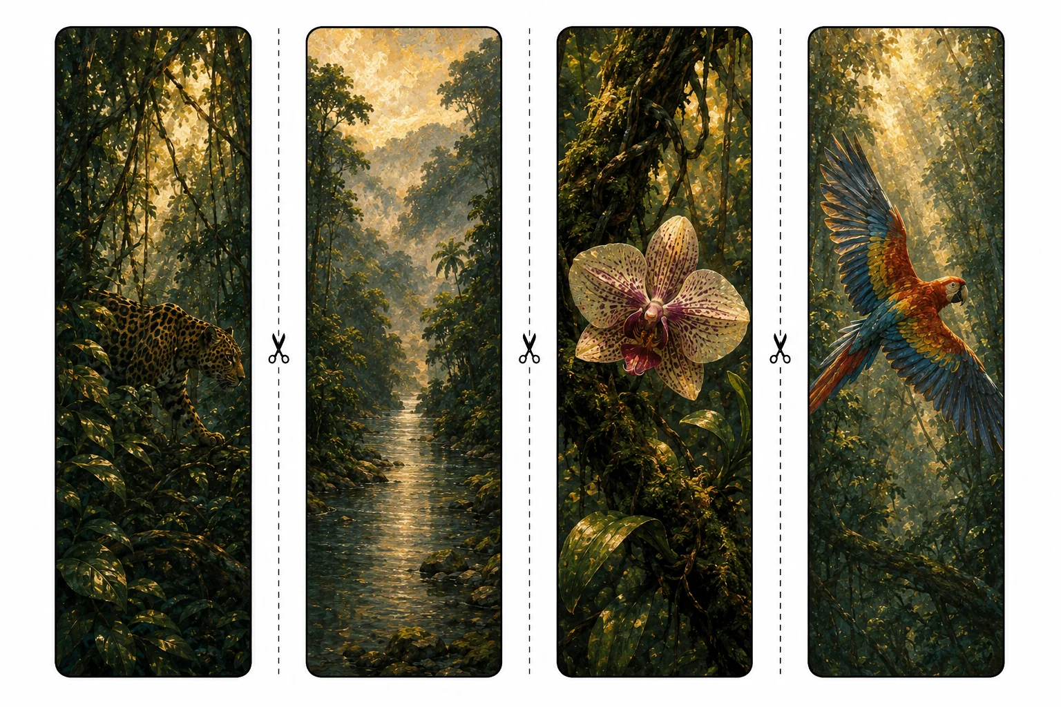 Four printable jungle bookmarks with a jaguar in foliage, a misty river, a spotted orchid, and a macaw in flight