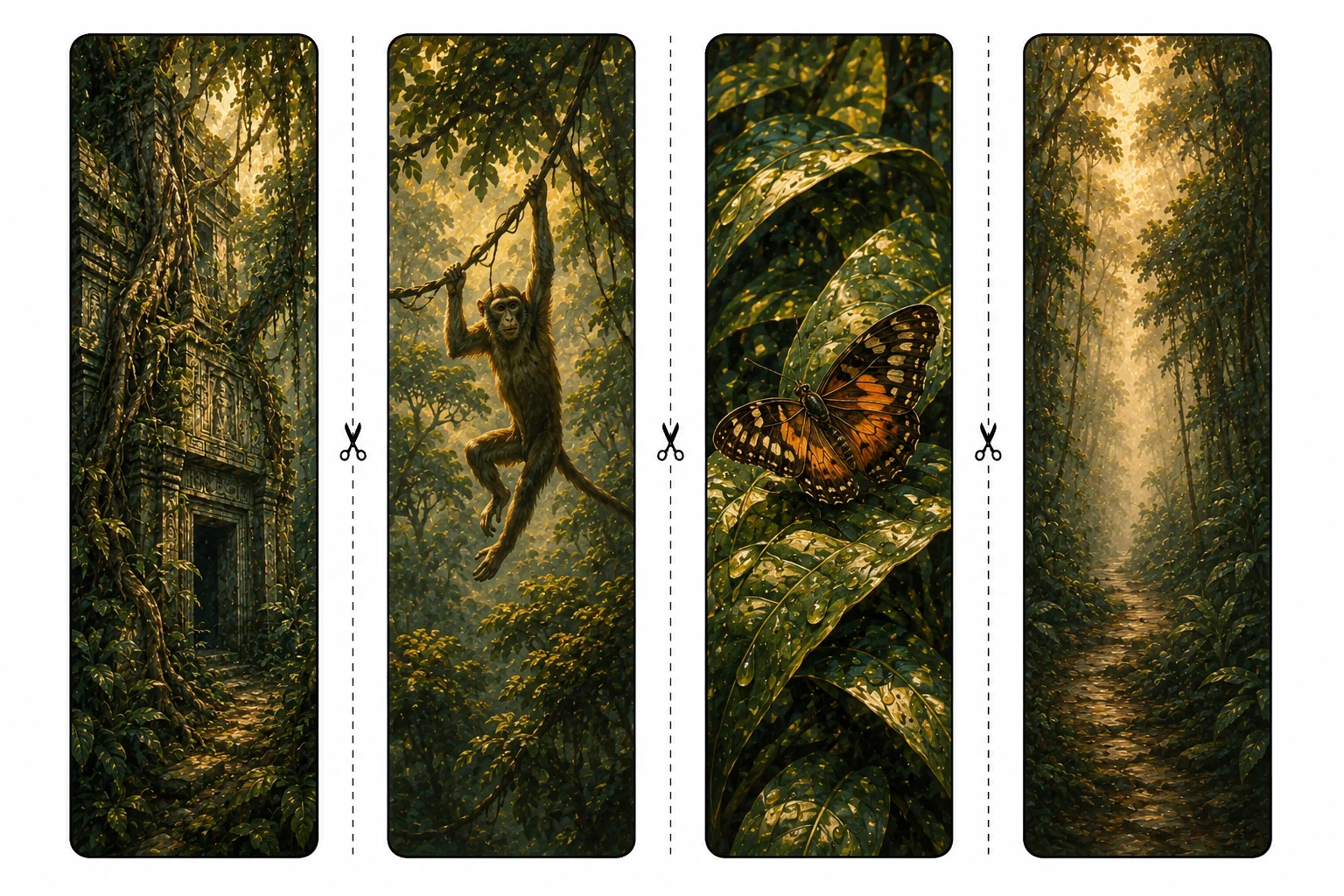 Four printable jungle bookmarks with vine-covered stone ruins, a swinging monkey, a butterfly on a wet leaf, and a misty path