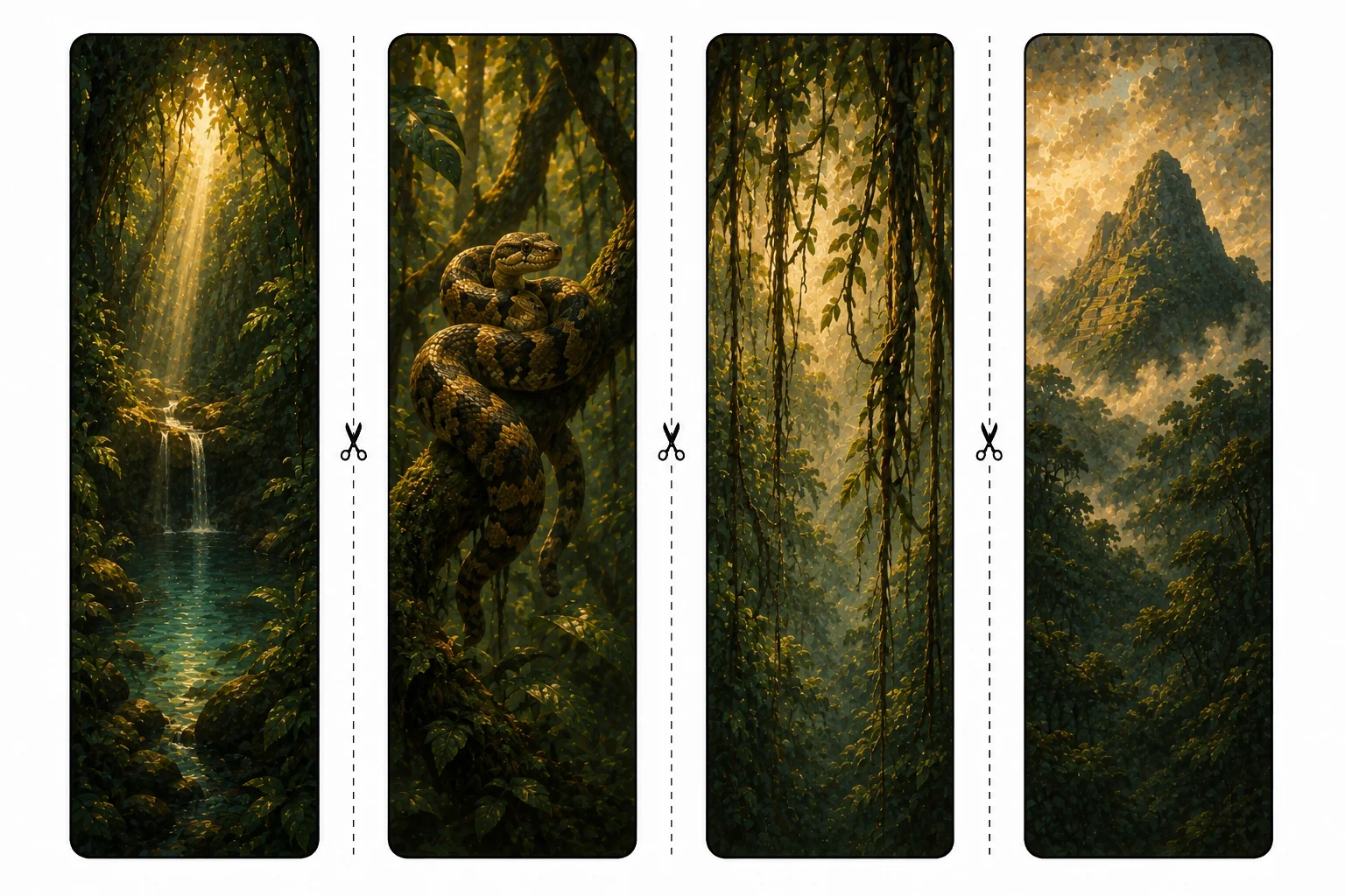 Four printable jungle bookmarks with a hidden sunlit pool, a coiled snake, hanging vines, and a mountain peak above the canopy