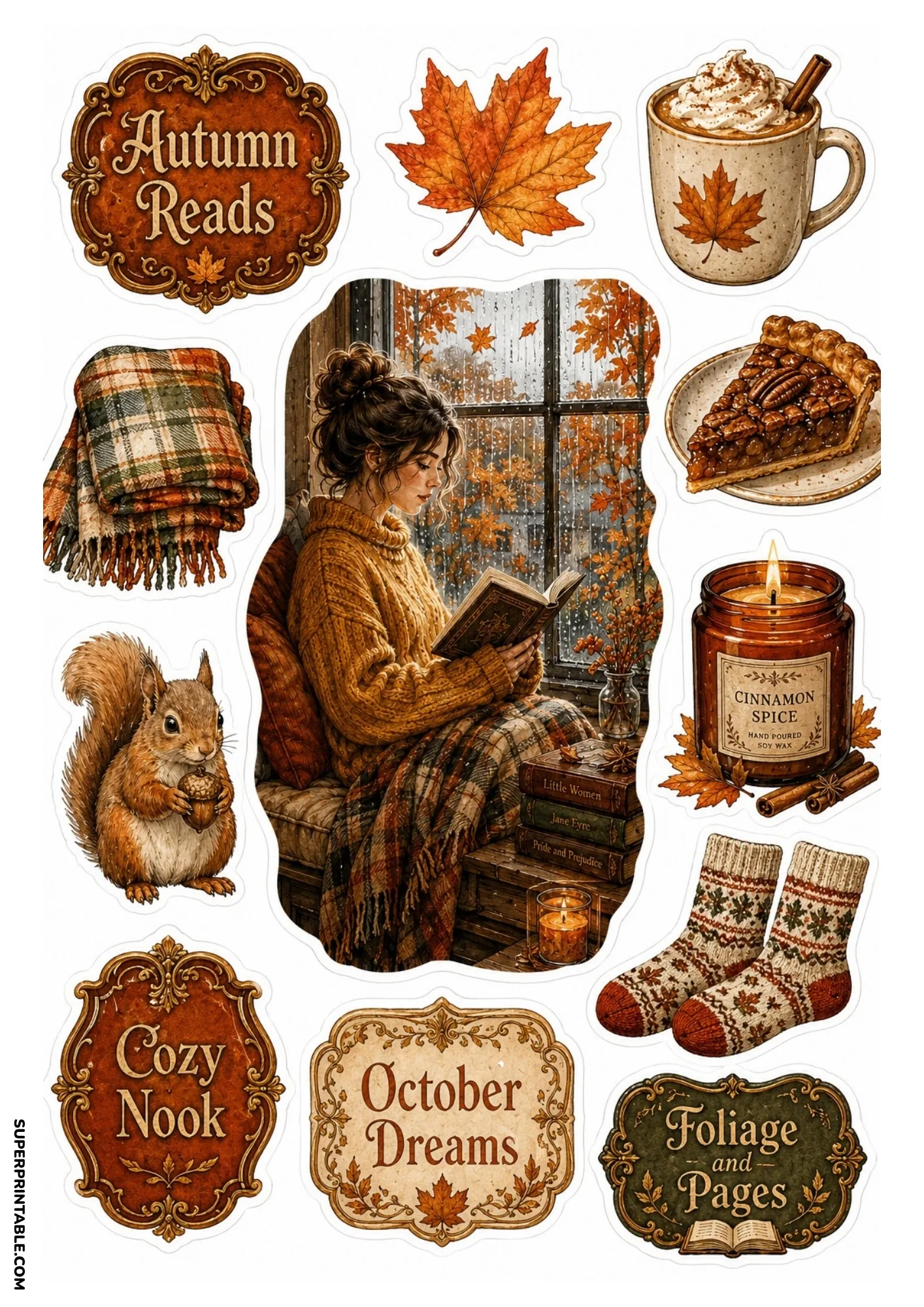 Cozy autumn reader by a rainy window surrounded by colorful fall leaves, warm cocoa, pie, and classic book stacks.